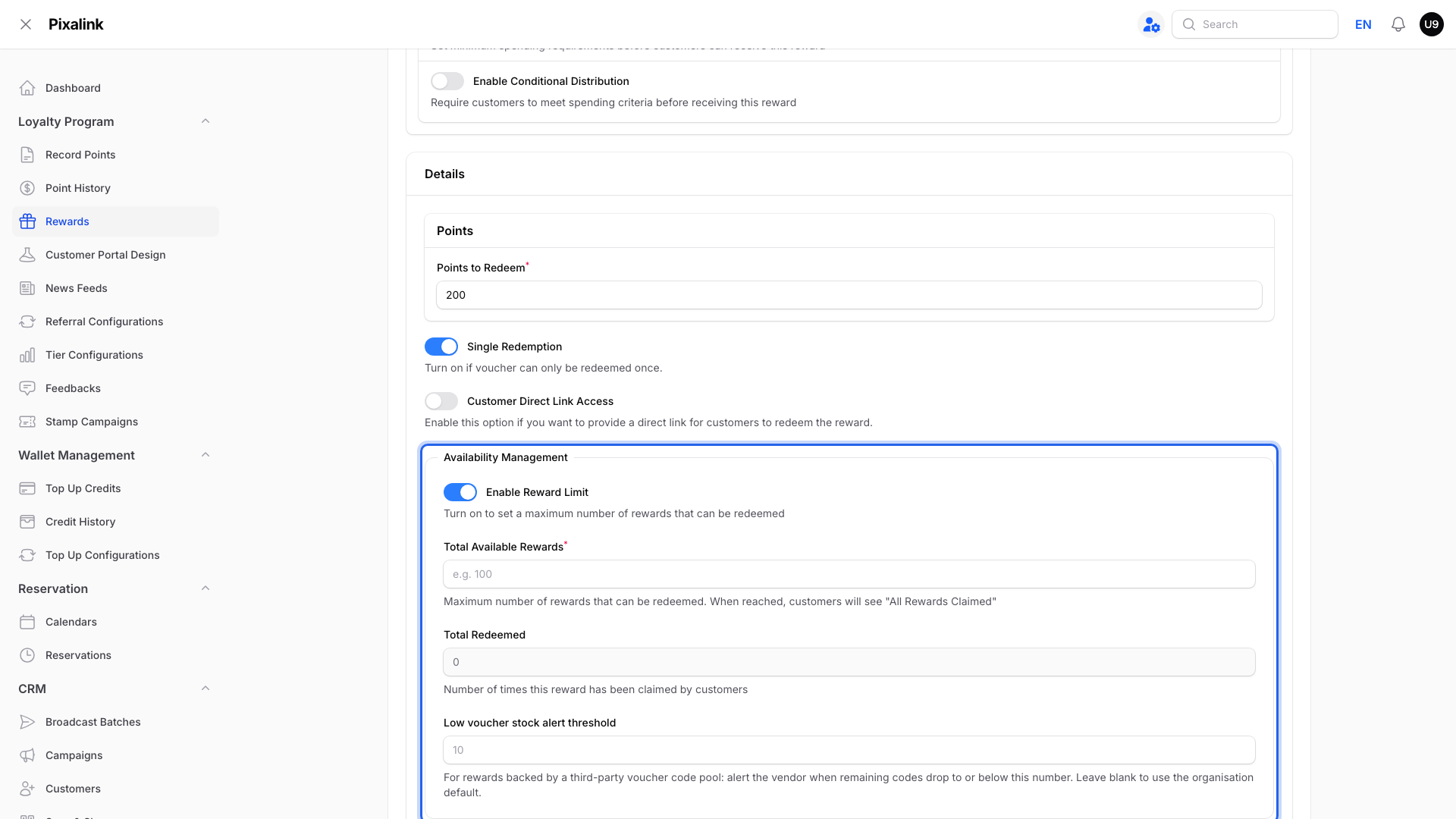 Availability Management box with Enable Reward Limit turned on, showing Total Available Rewards and Total Redeemed