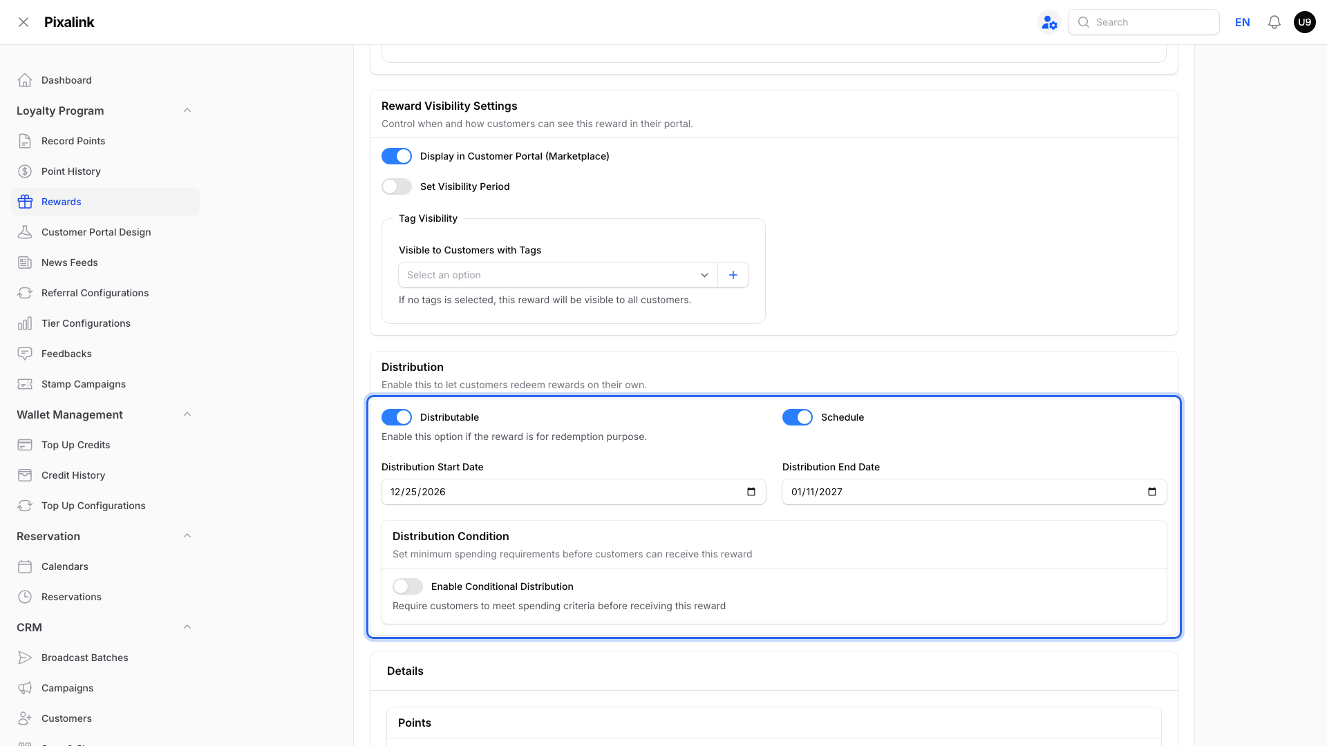 Distribution section with Schedule on and the Distribution Start Date and Distribution End Date filled in