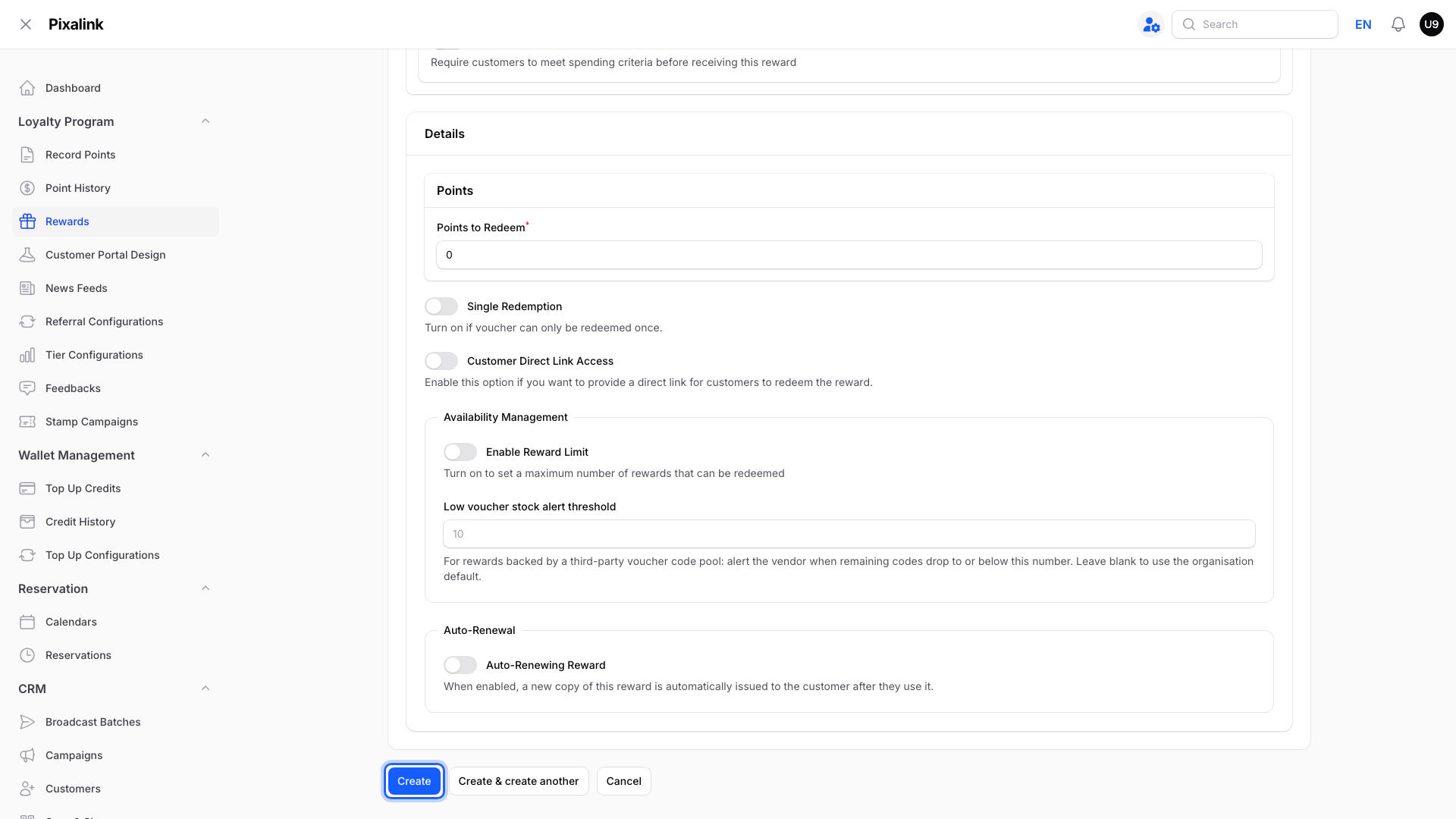 Bottom of the Create Reward page with the Create button highlighted