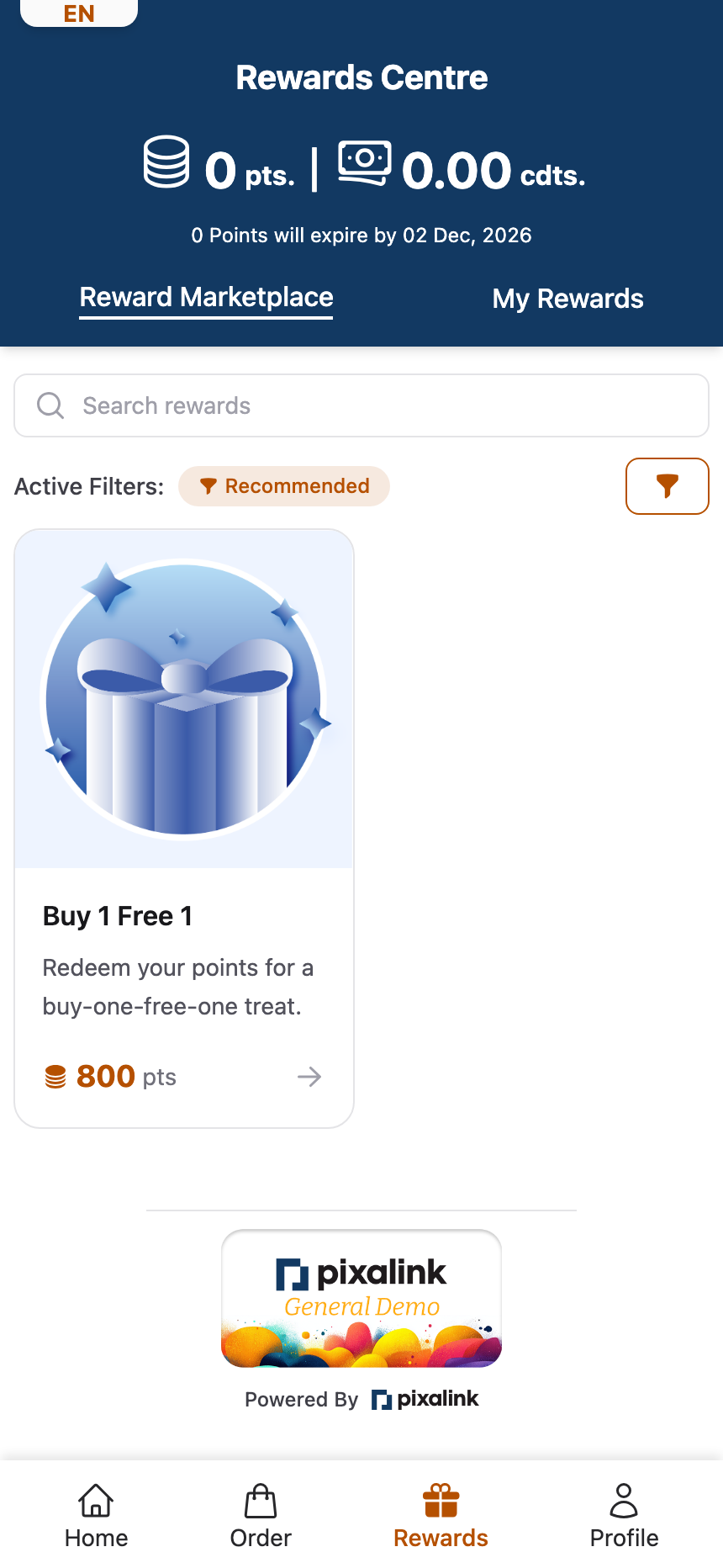 Customer portal Rewards Centre showing a Buy 1 Free 1 reward for 800 points to a customer who has 0 points