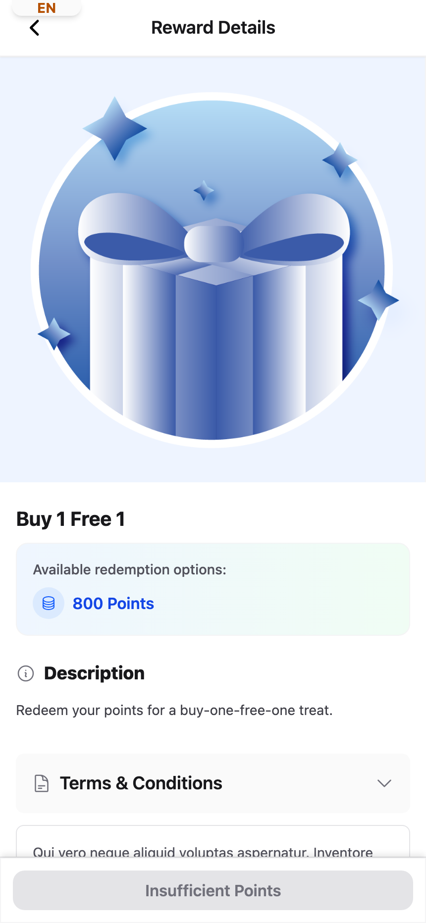 Customer portal reward page with a greyed-out Insufficient Points button at the bottom