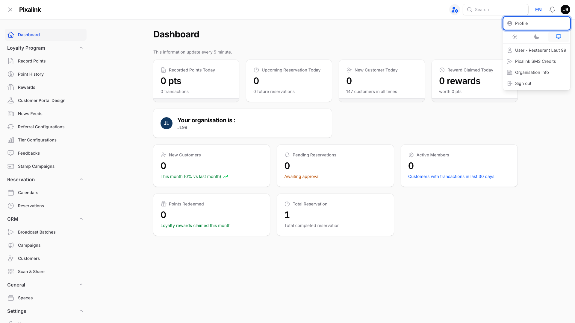 Admin panel with the user menu open from the initials button at the top right, and Profile highlighted
