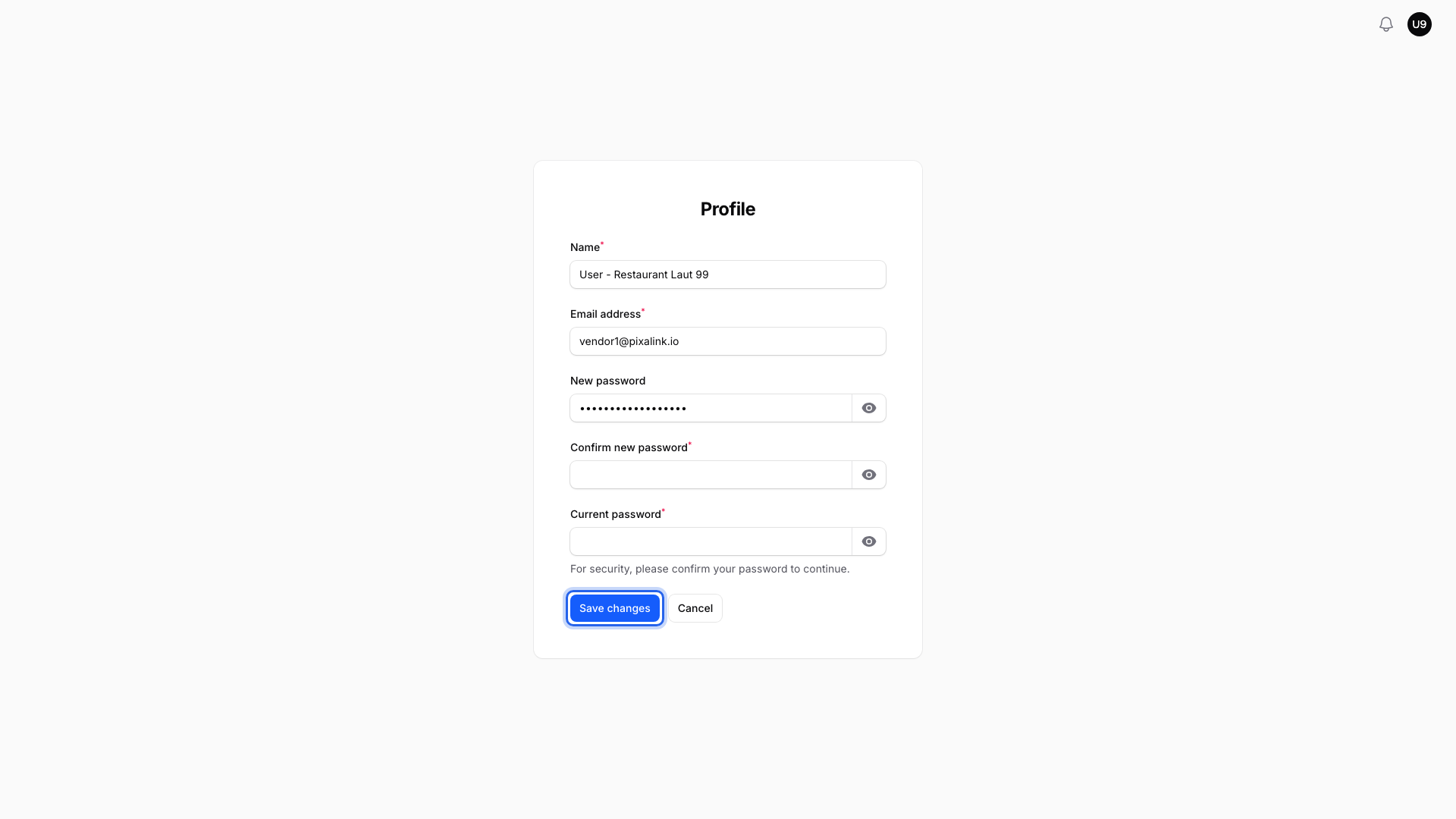 Profile page with the Save changes button highlighted