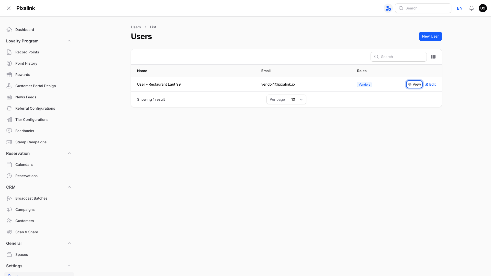 Users list showing each team member's name, email and role, with the View action highlighted