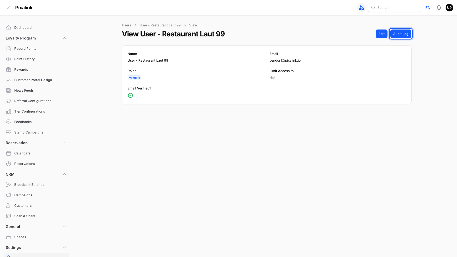 View User page with the Audit Log button highlighted at the top right