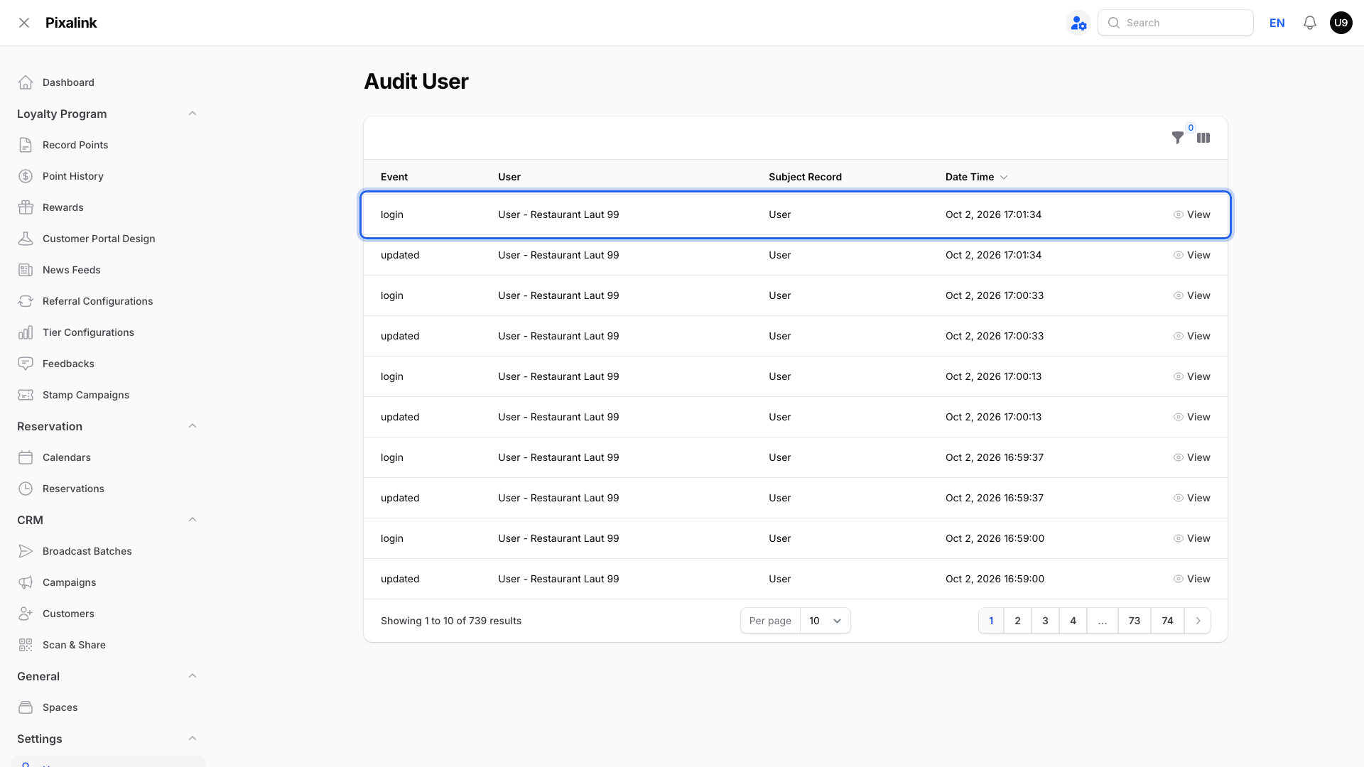 Audit User page listing login and updated events under the Date Time column, a login row highlighted