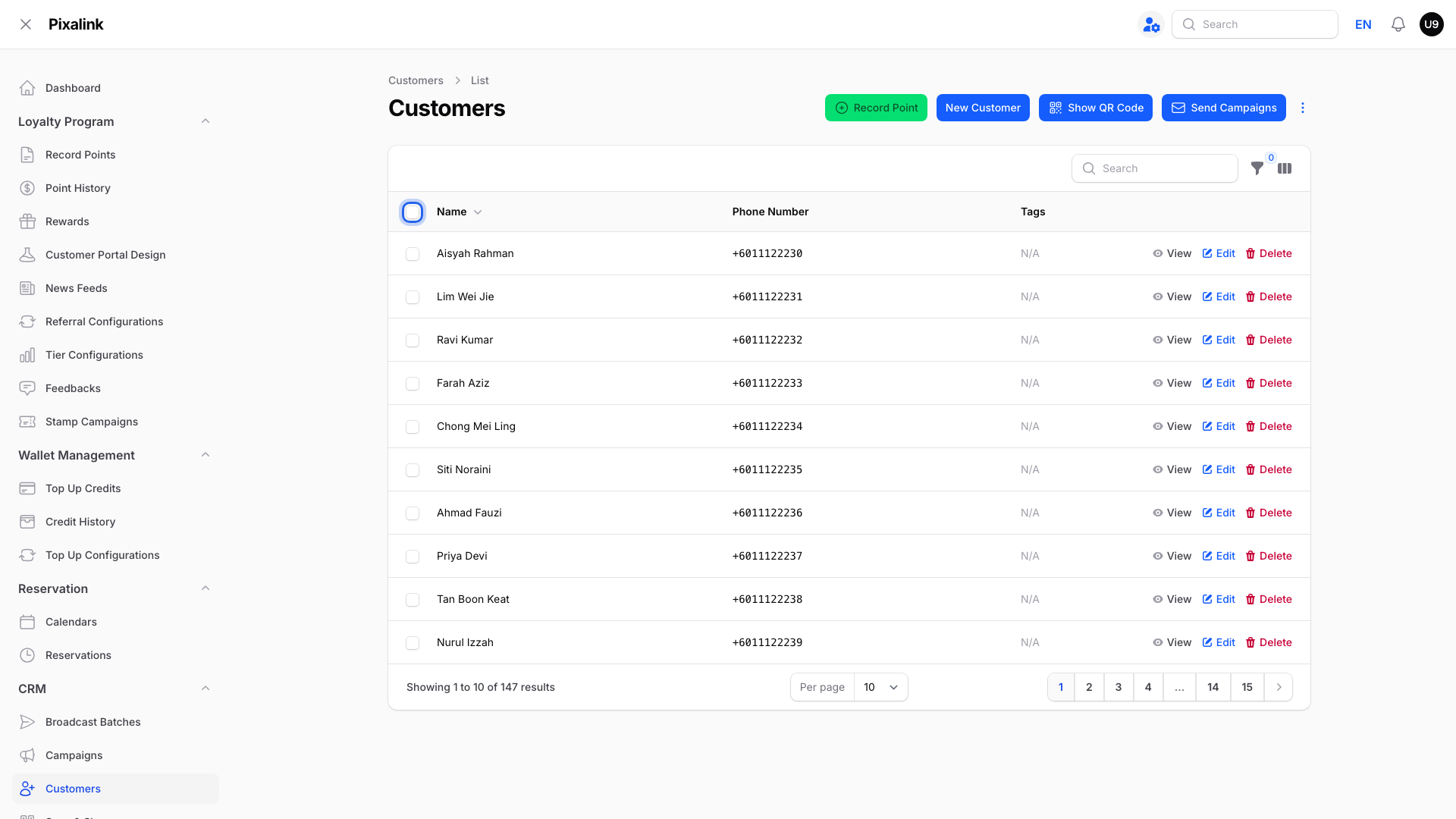 Customers list with the select-all box at the top of the Name column highlighted