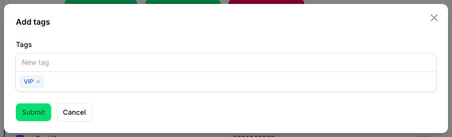 Add tags pop-up with the VIP tag entered and the Submit button