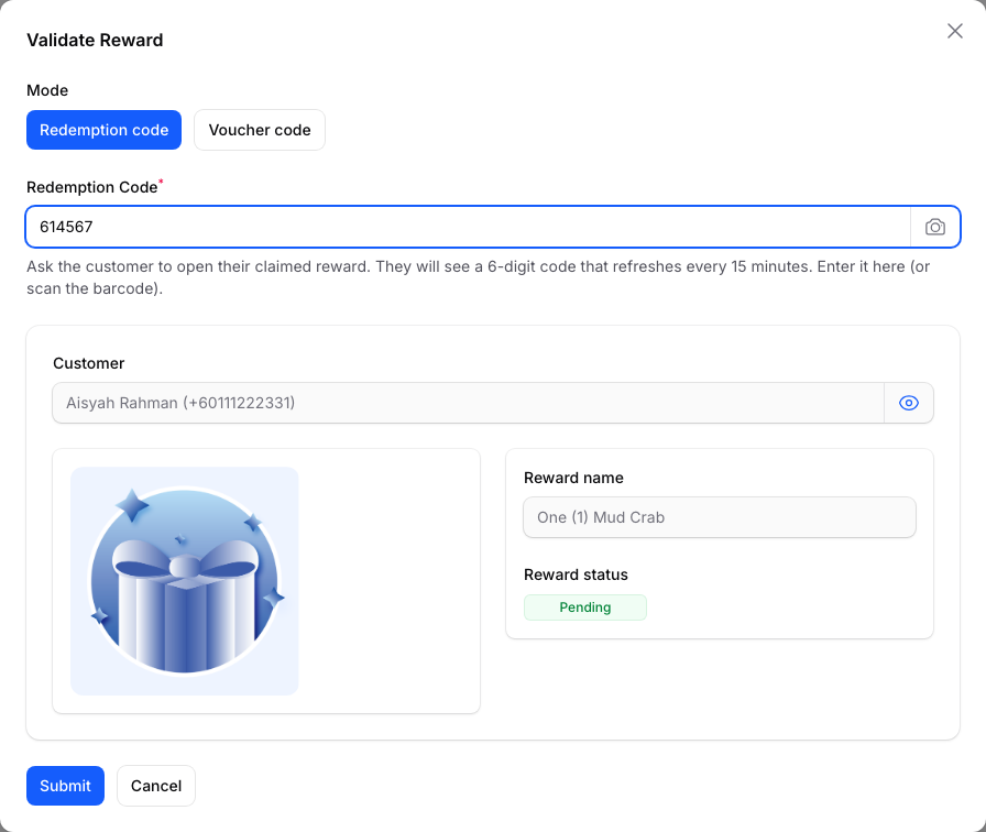 Validate Reward window after a code is scanned, showing the customer name, the reward name and a Pending status above the Submit button