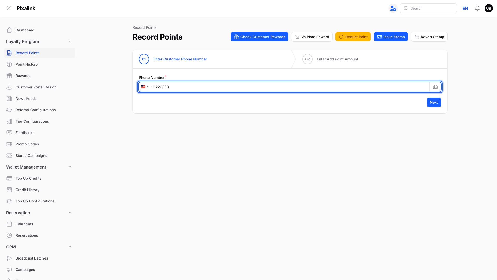 Record Points page with a phone number typed into the Phone Number box