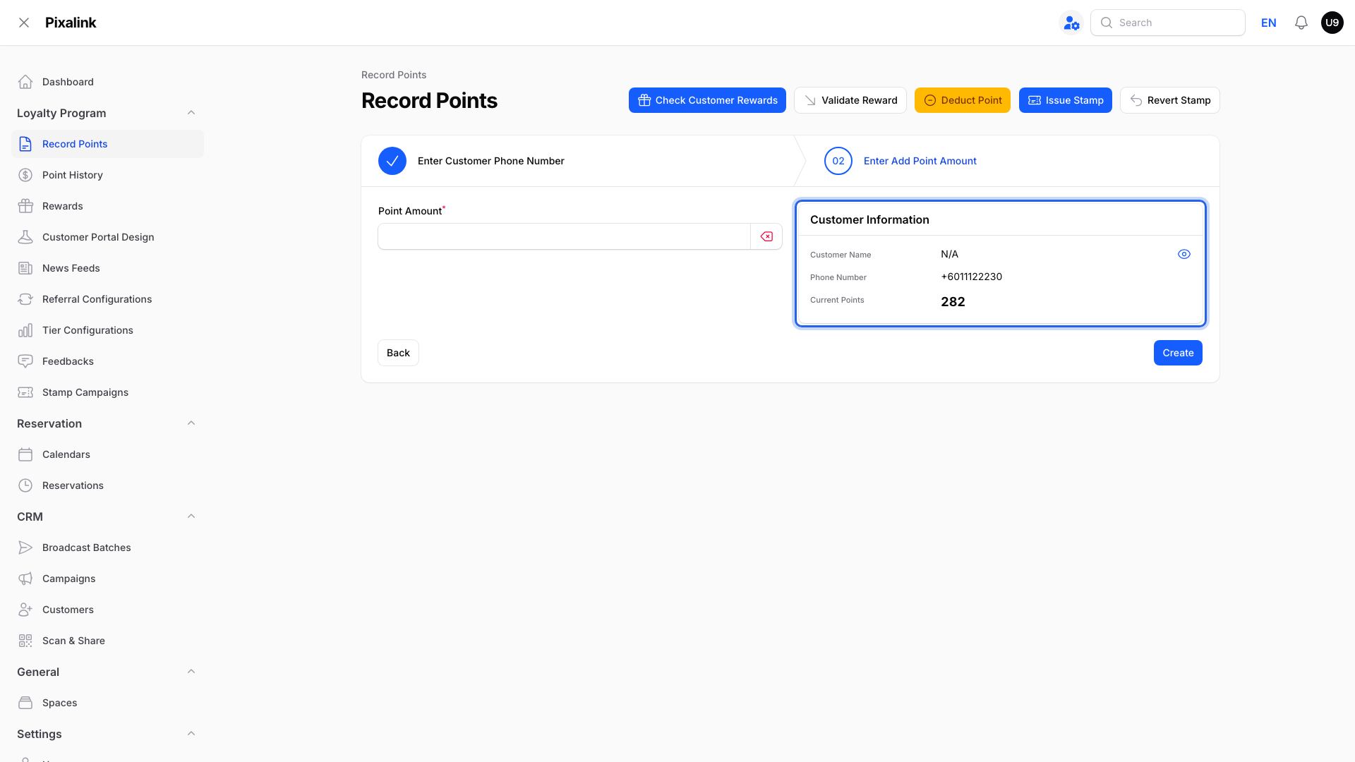 Record Points step 2 for an existing customer, with the Customer Information panel highlighted showing name, phone number and current points