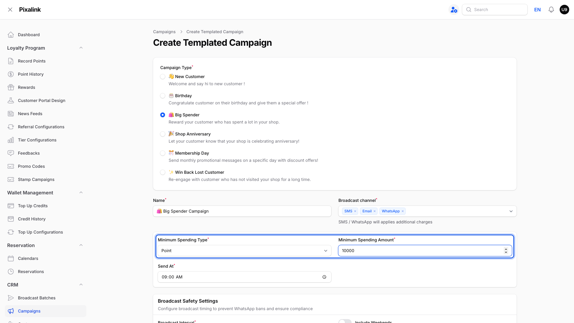 Create Templated Campaign page with Big Spender selected and the Minimum Spending Type set to Point and Minimum Spending Amount set to 10000 highlighted