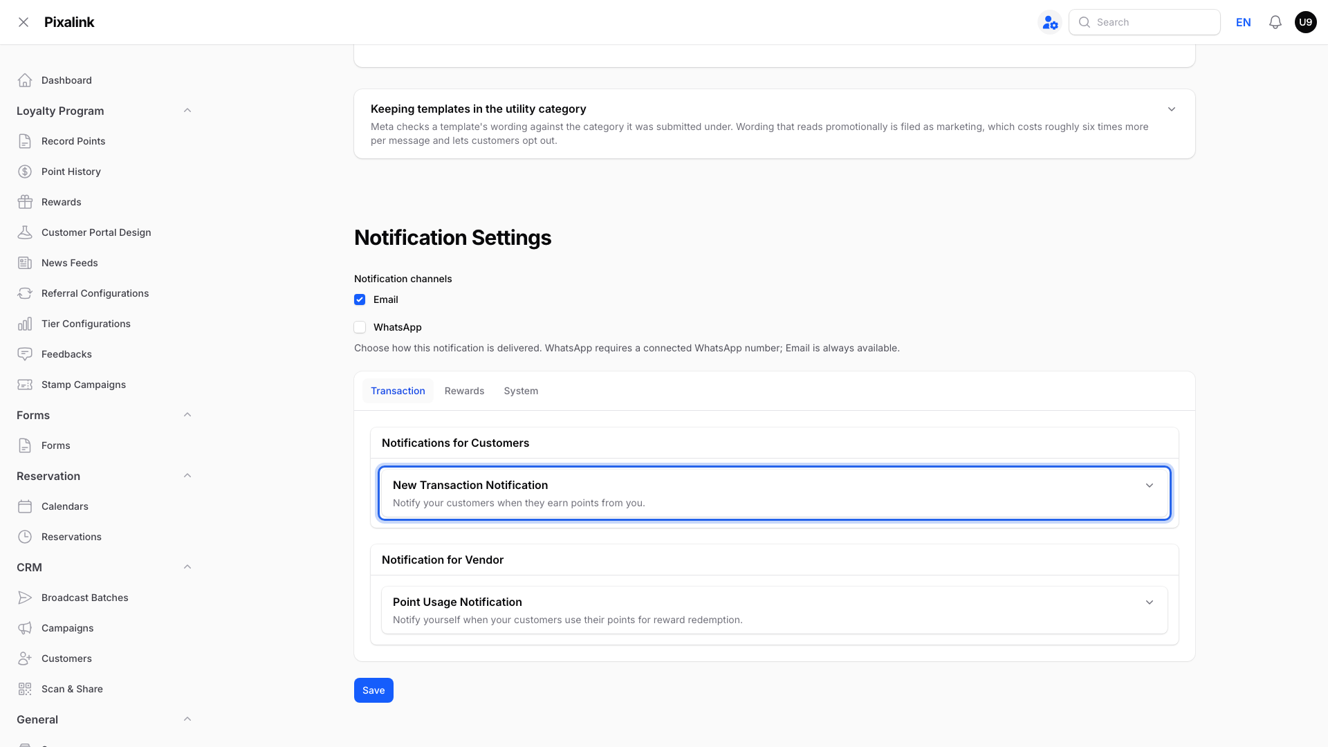 Notification Settings on the Configurations page, Transaction tab, with New Transaction Notification highlighted