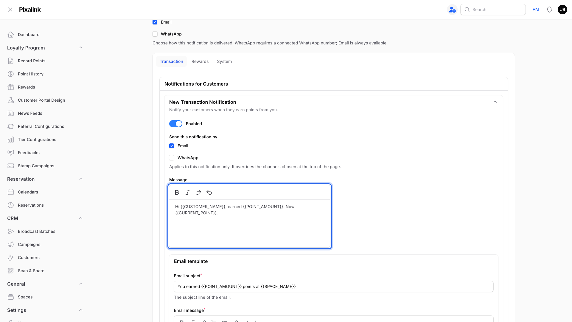 New Transaction Notification opened, with the Message box highlighted showing CUSTOMER_NAME, POINT_AMOUNT and CURRENT_POINT variables
