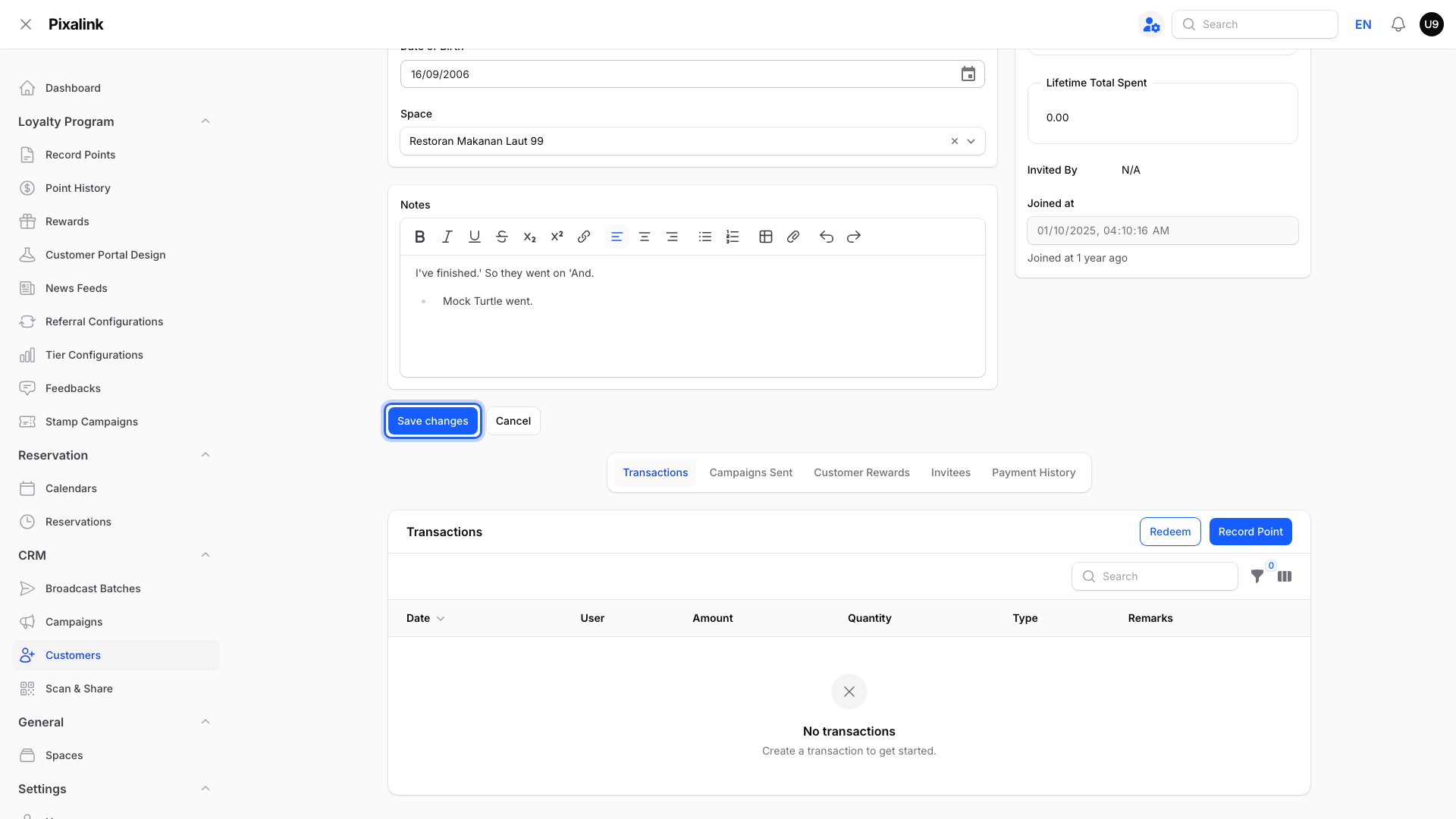 Edit customer page scrolled down with the Save changes button highlighted