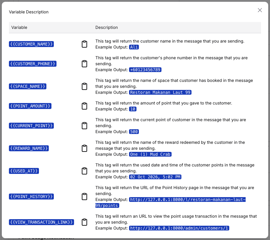 Variable Description window listing the points notification variables, from CUSTOMER_NAME to VIEW_TRANSACTION_LINK, with an example output for each
