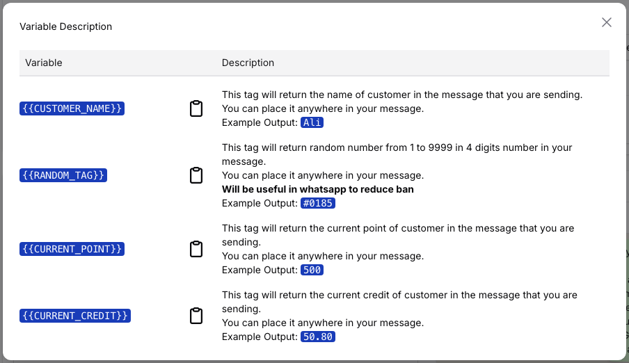 Campaign Variable Description window listing CUSTOMER_NAME, RANDOM_TAG, CURRENT_POINT and CURRENT_CREDIT