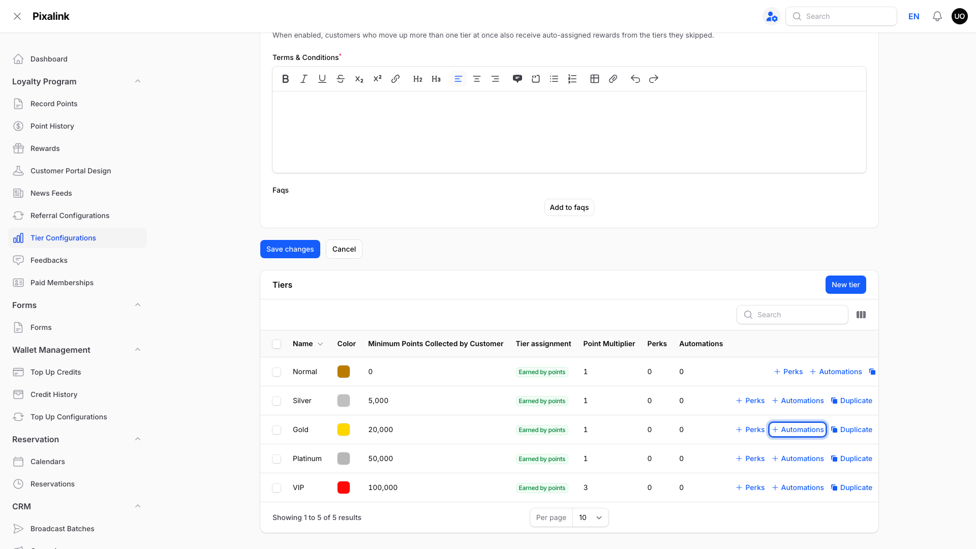 Tiers table inside a tier configuration with the Automations action on the Gold tier highlighted