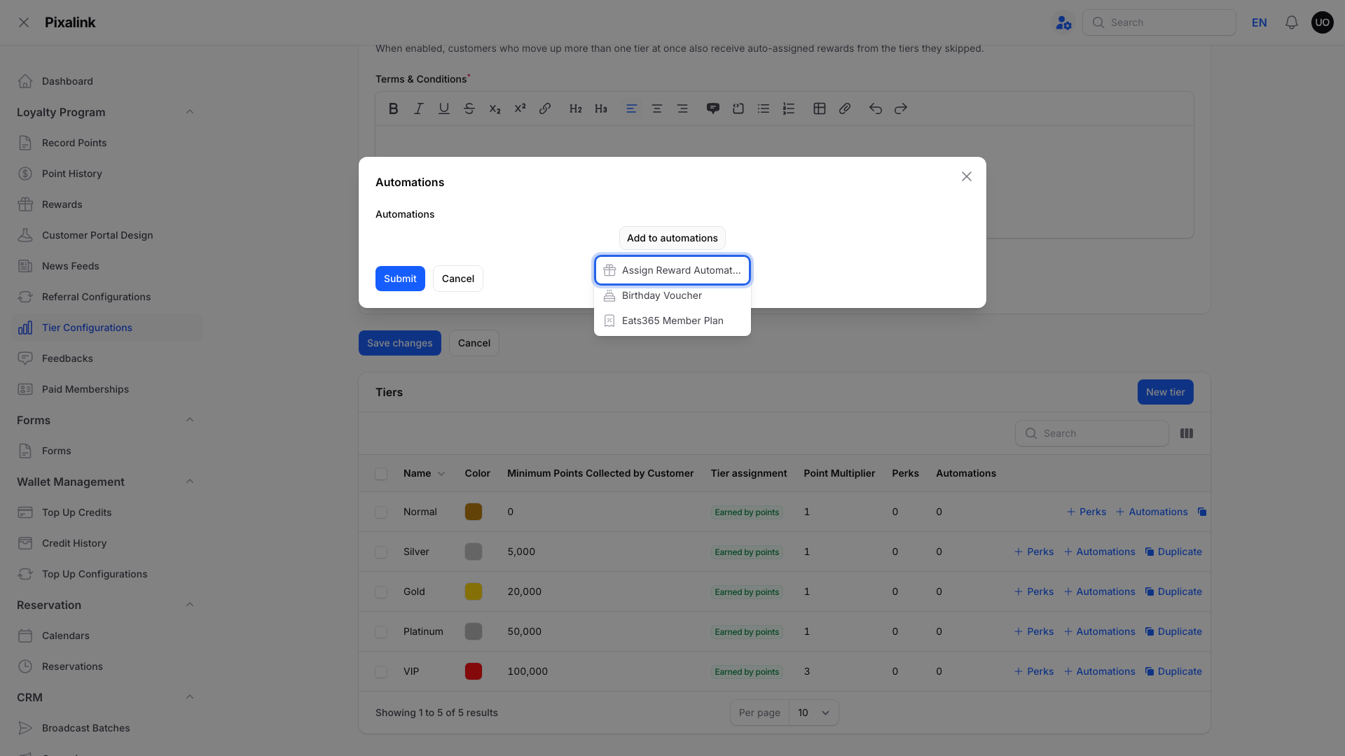 Automations window with the Add to automations menu open and Assign Reward Automatically highlighted