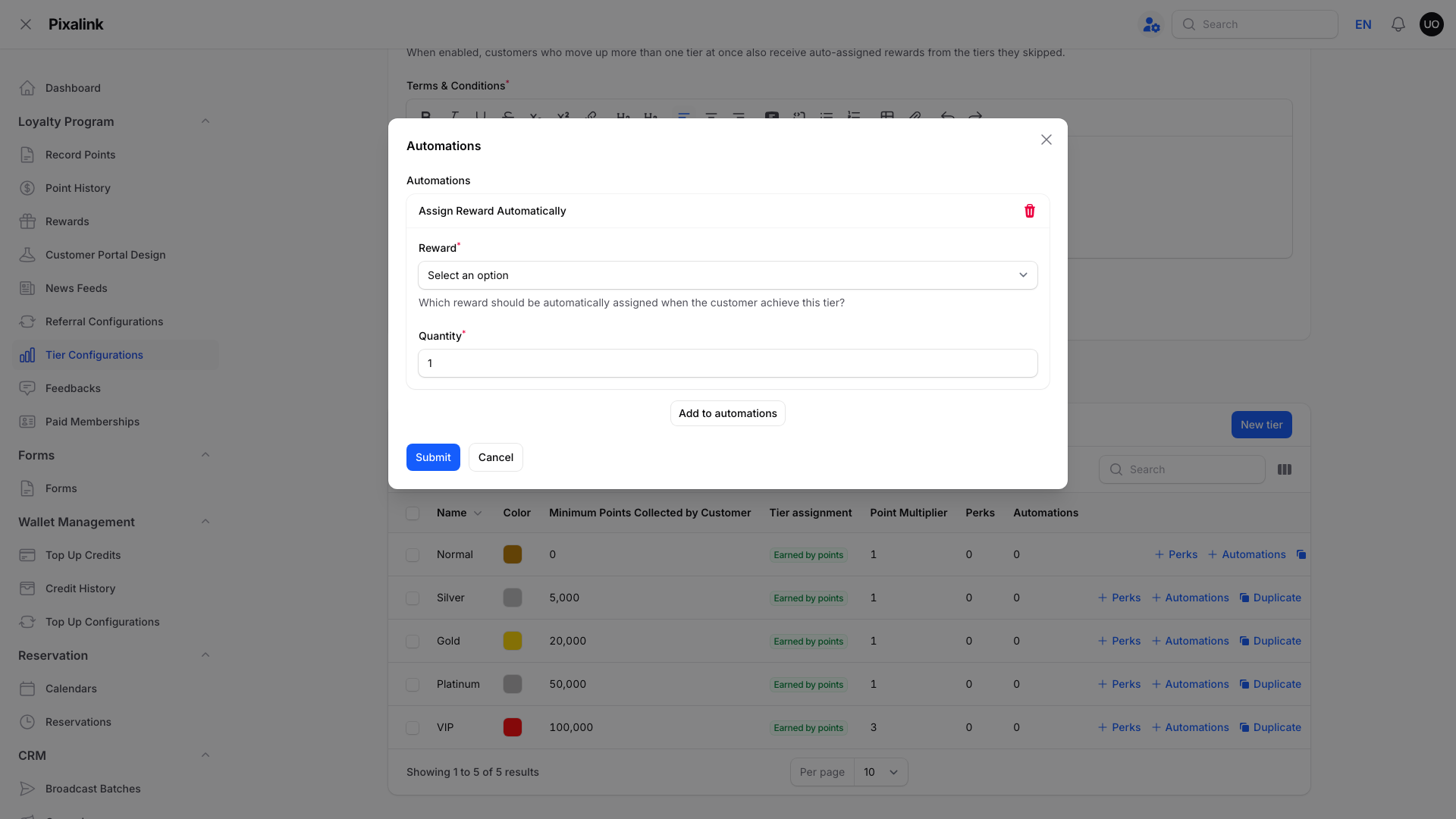 Assign Reward Automatically block showing the Reward picker and Quantity set to 1