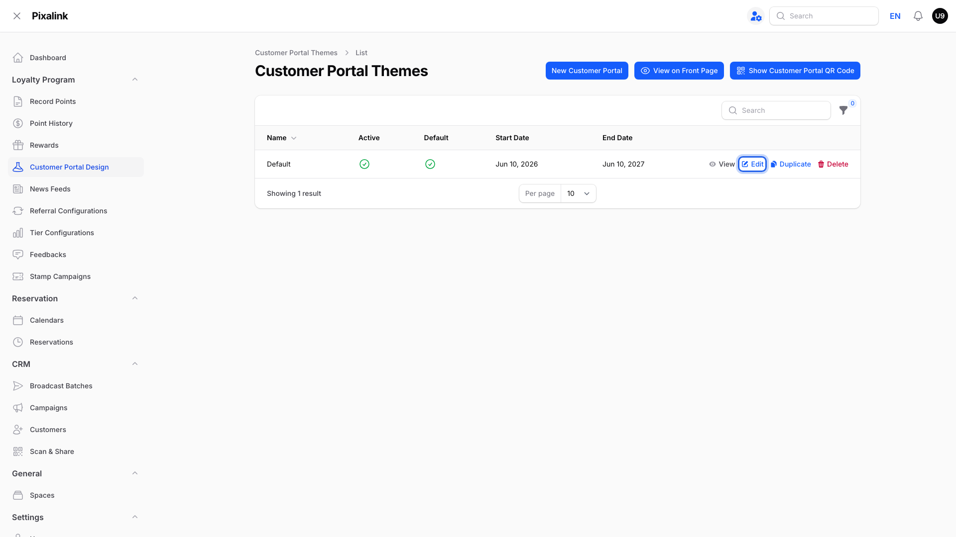 Customer Portal Design list under Loyalty Program with the Edit action on the theme highlighted