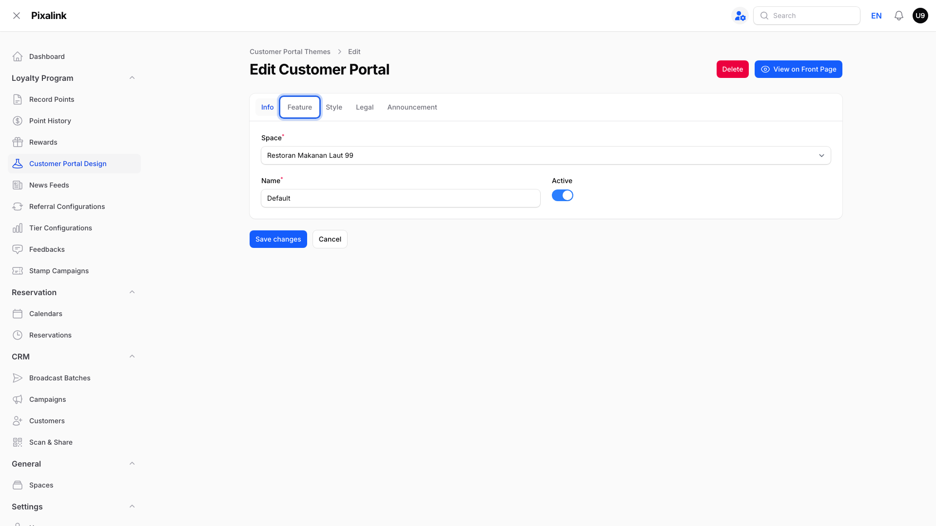 Edit Customer Portal page with the Feature tab highlighted