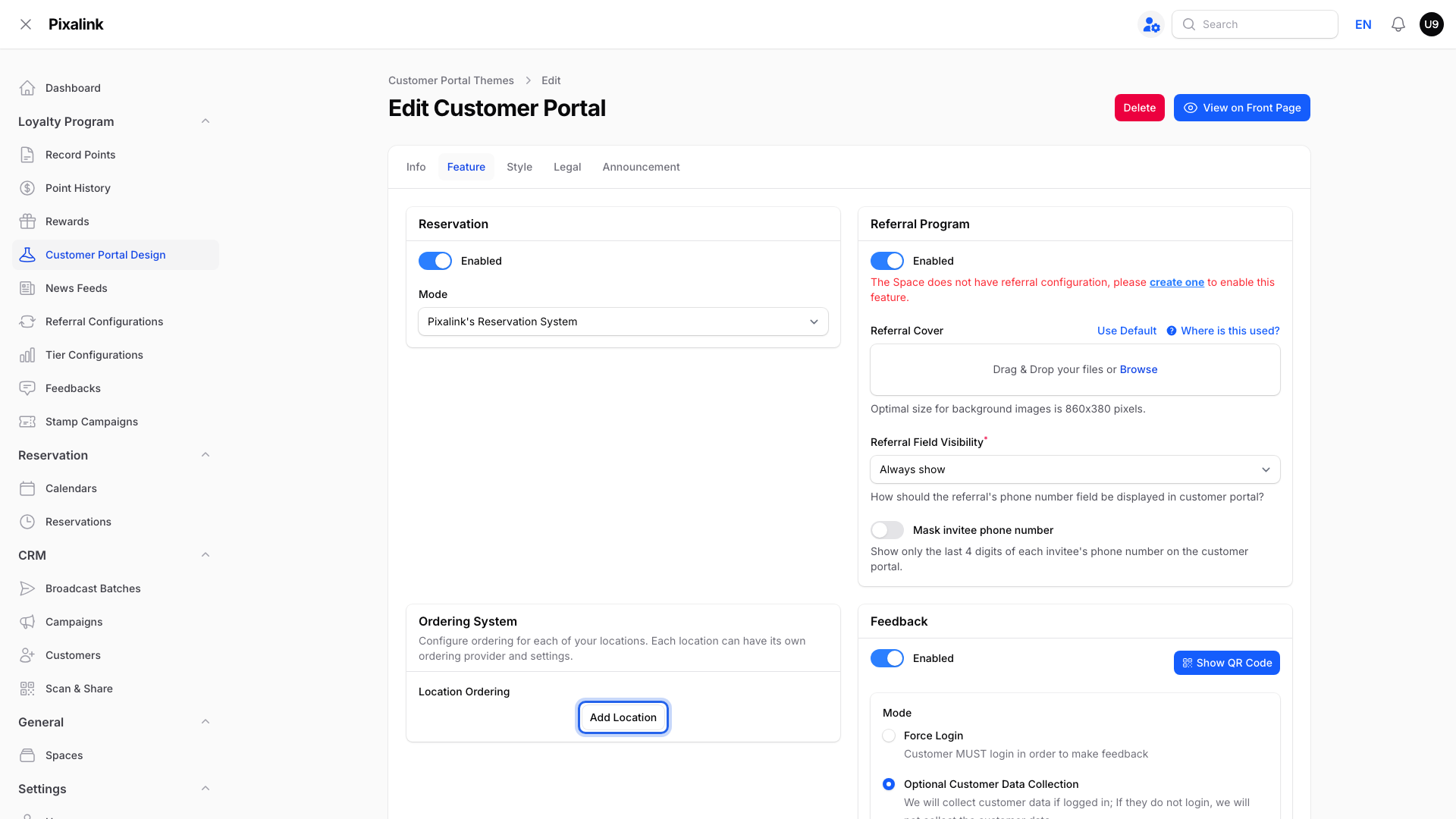 Ordering System section on the Feature tab with the Add Location button highlighted