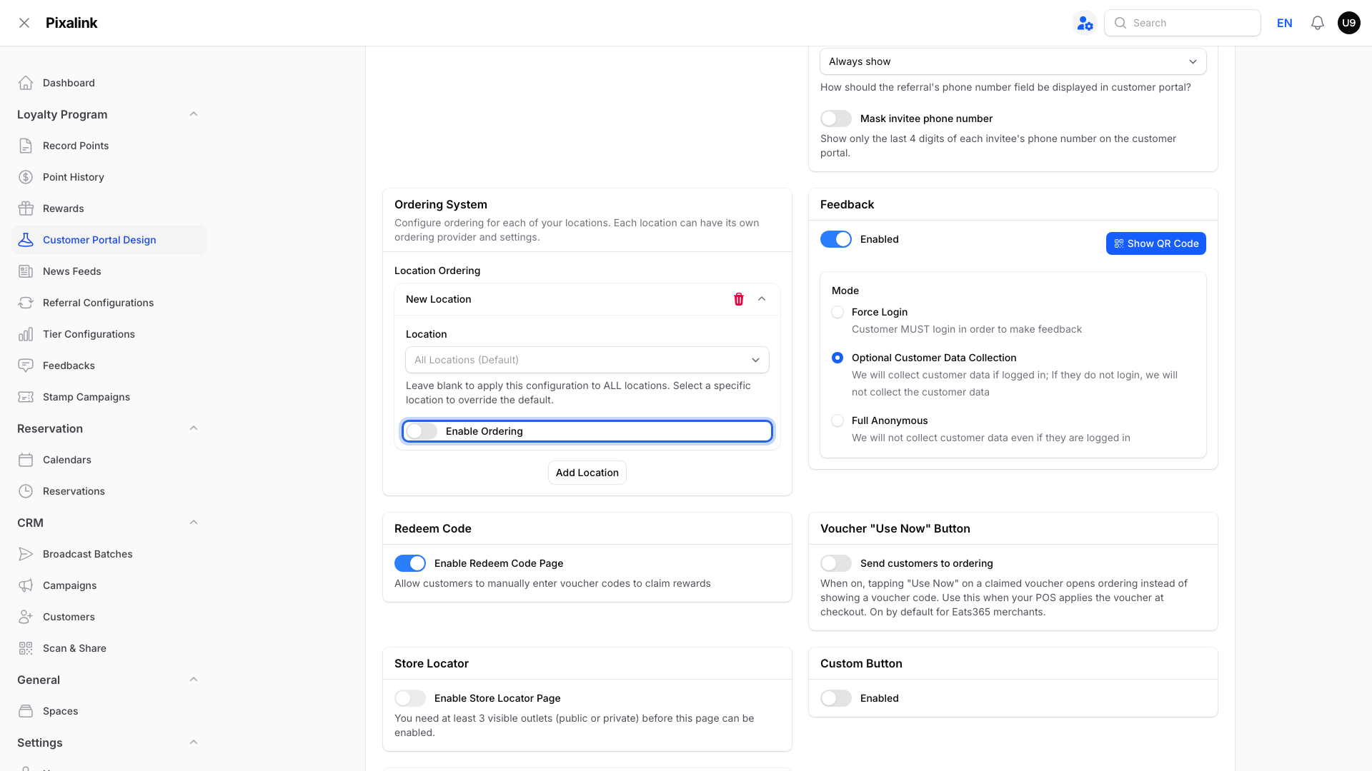 New location row with the Enable Ordering switch, still off, highlighted