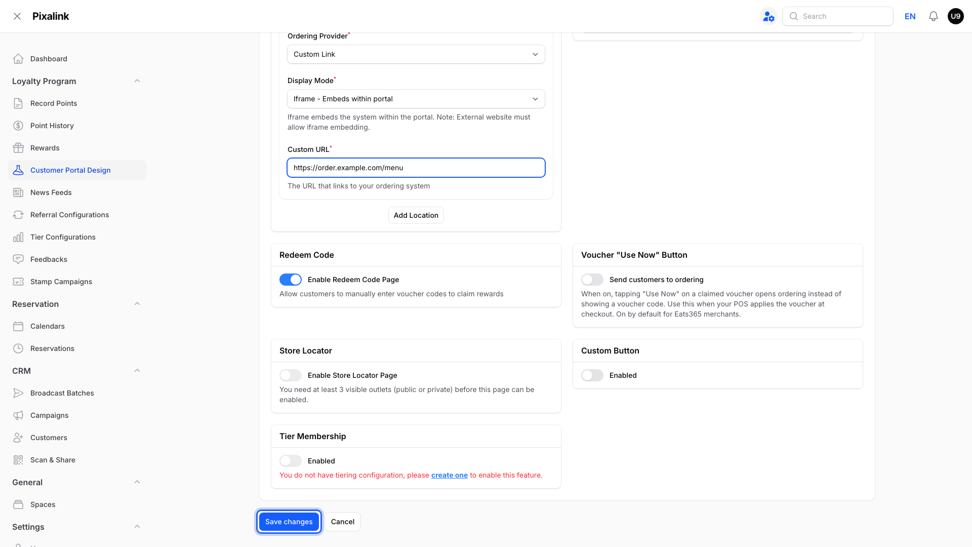 Feature tab with the Save changes button highlighted