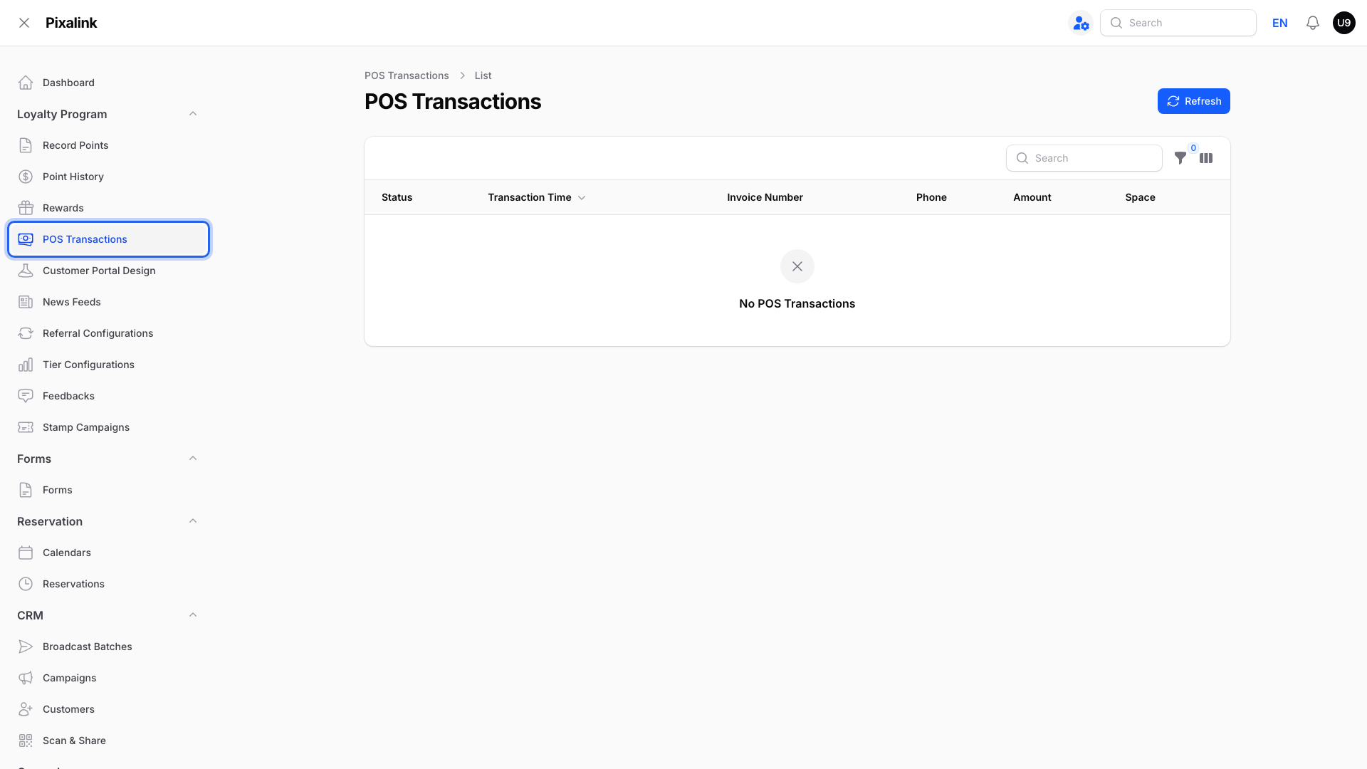 POS Transactions page under Loyalty Program, with the POS Transactions menu item highlighted and an empty list of Bukku invoices