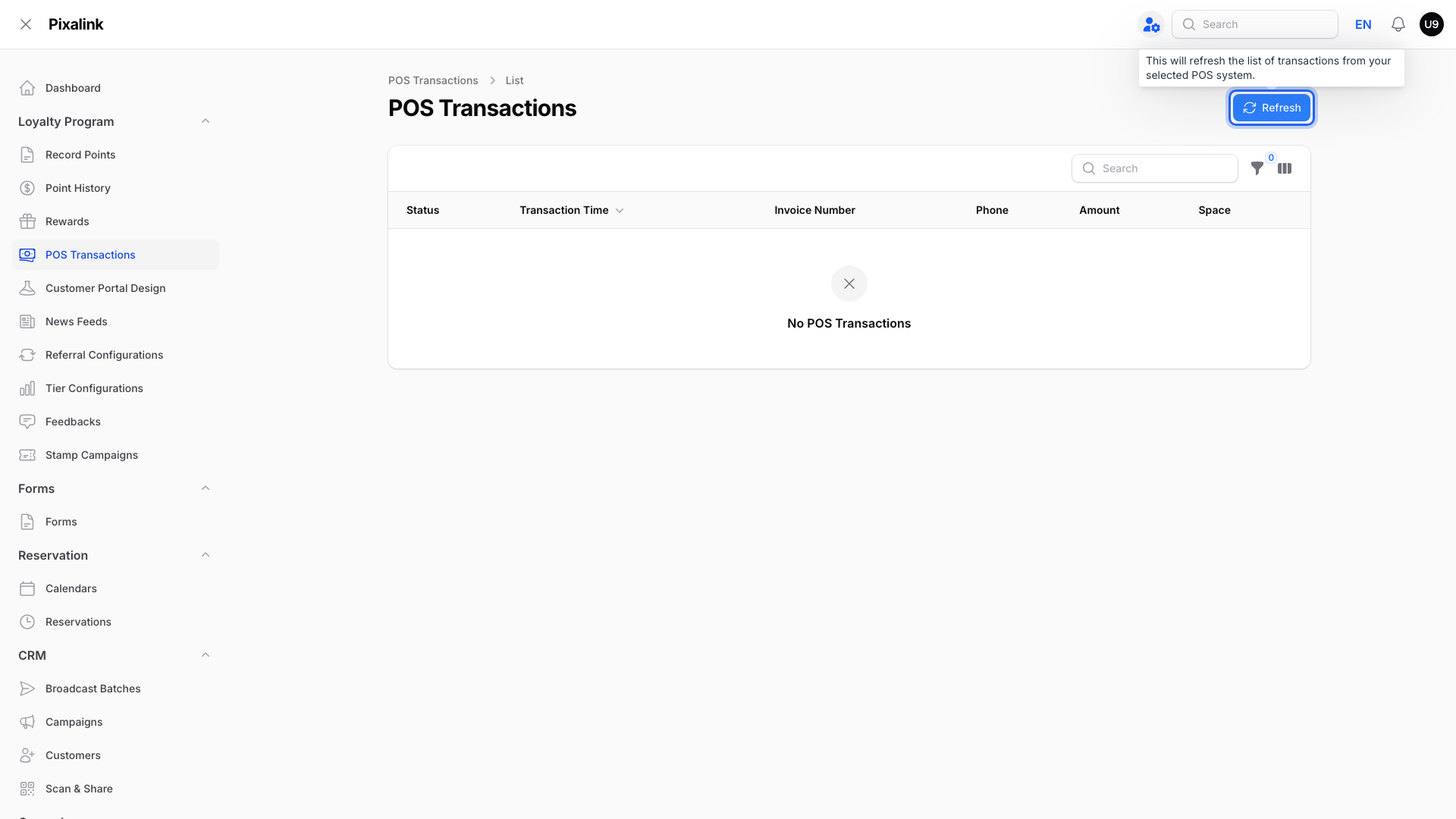 POS Transactions page with the Refresh button highlighted and its tooltip saying it refreshes transactions from your selected POS system