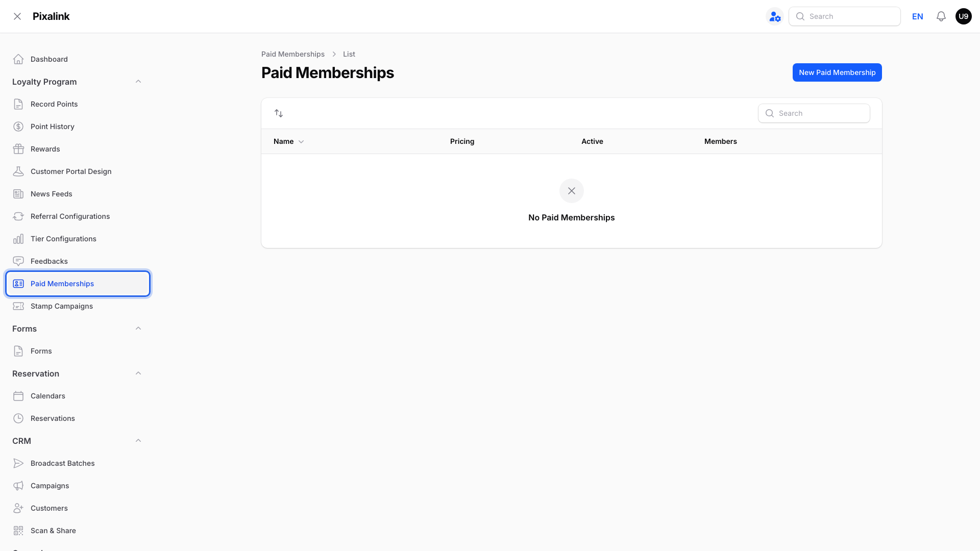 Paid Memberships list under Loyalty Program, with the Paid Memberships menu item highlighted