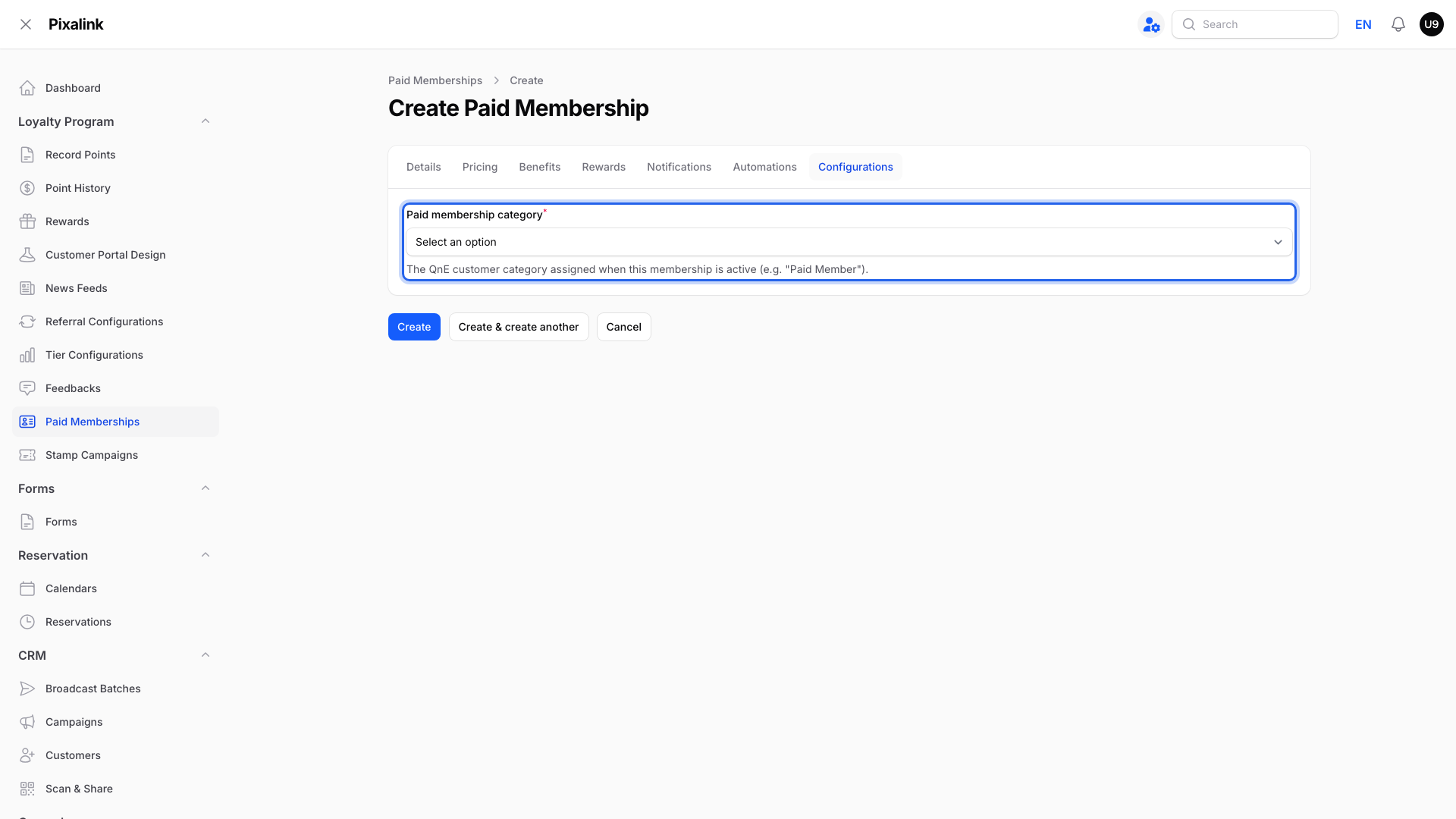 Paid membership form on the Configurations tab, with the Paid membership category dropdown highlighted