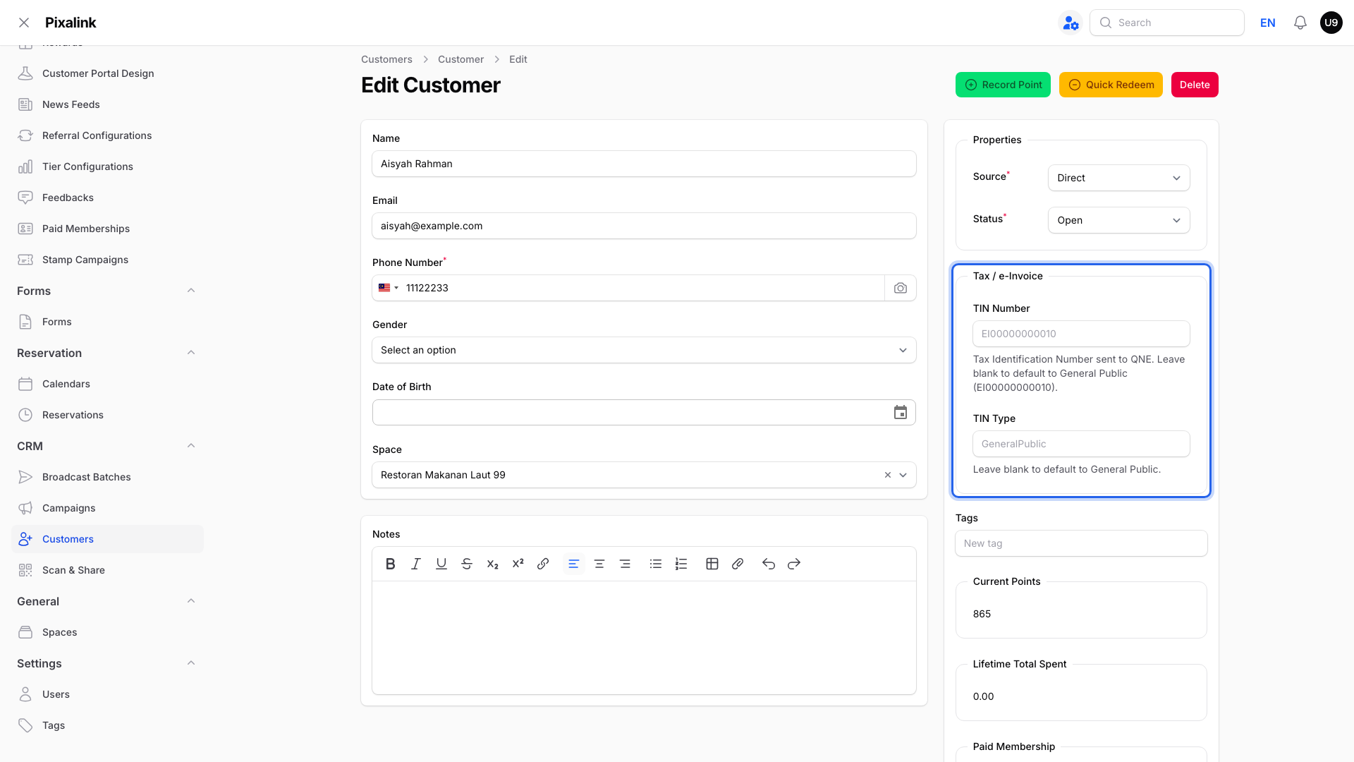 Edit Customer page with the Tax / e-Invoice box highlighted, showing the read-only TIN Number and TIN Type fields