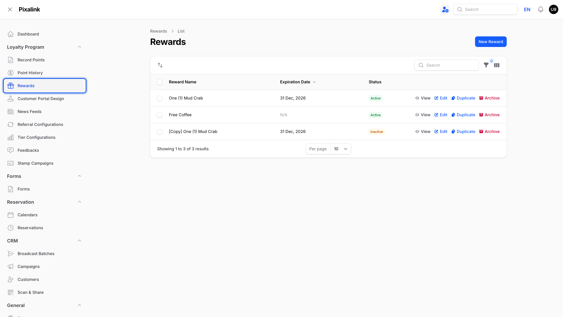 Rewards list page with Rewards highlighted in the sidebar under Loyalty Program, showing reward names, expiry dates and status