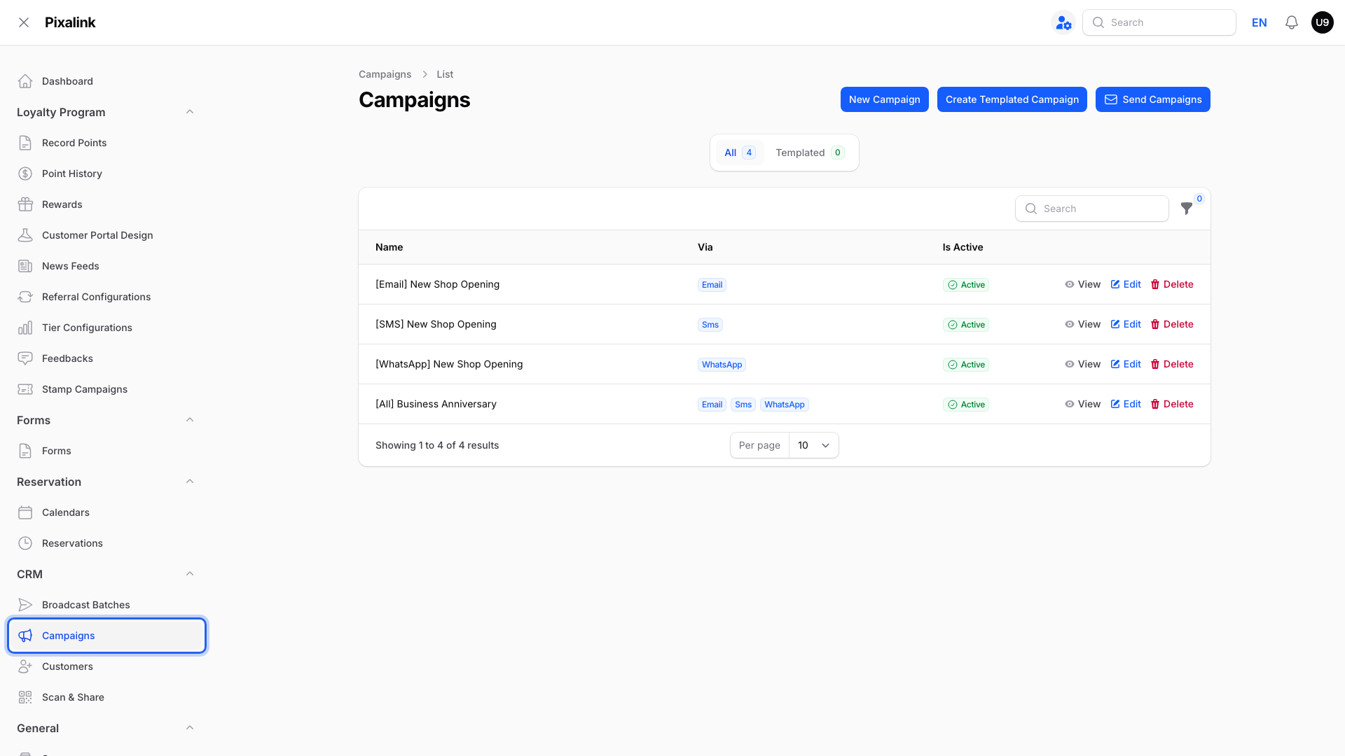 Campaigns list page with Campaigns highlighted in the sidebar under CRM, showing campaigns sent by Email, SMS and WhatsApp