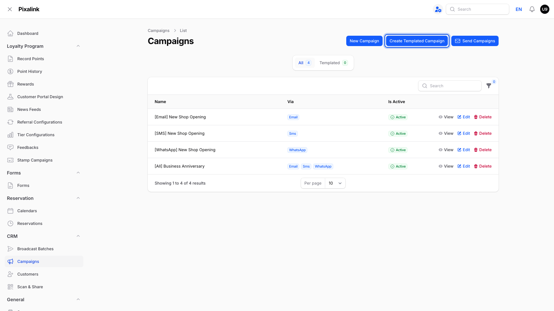 Campaigns page with the Create Templated Campaign button highlighted between New Campaign and Send Campaigns