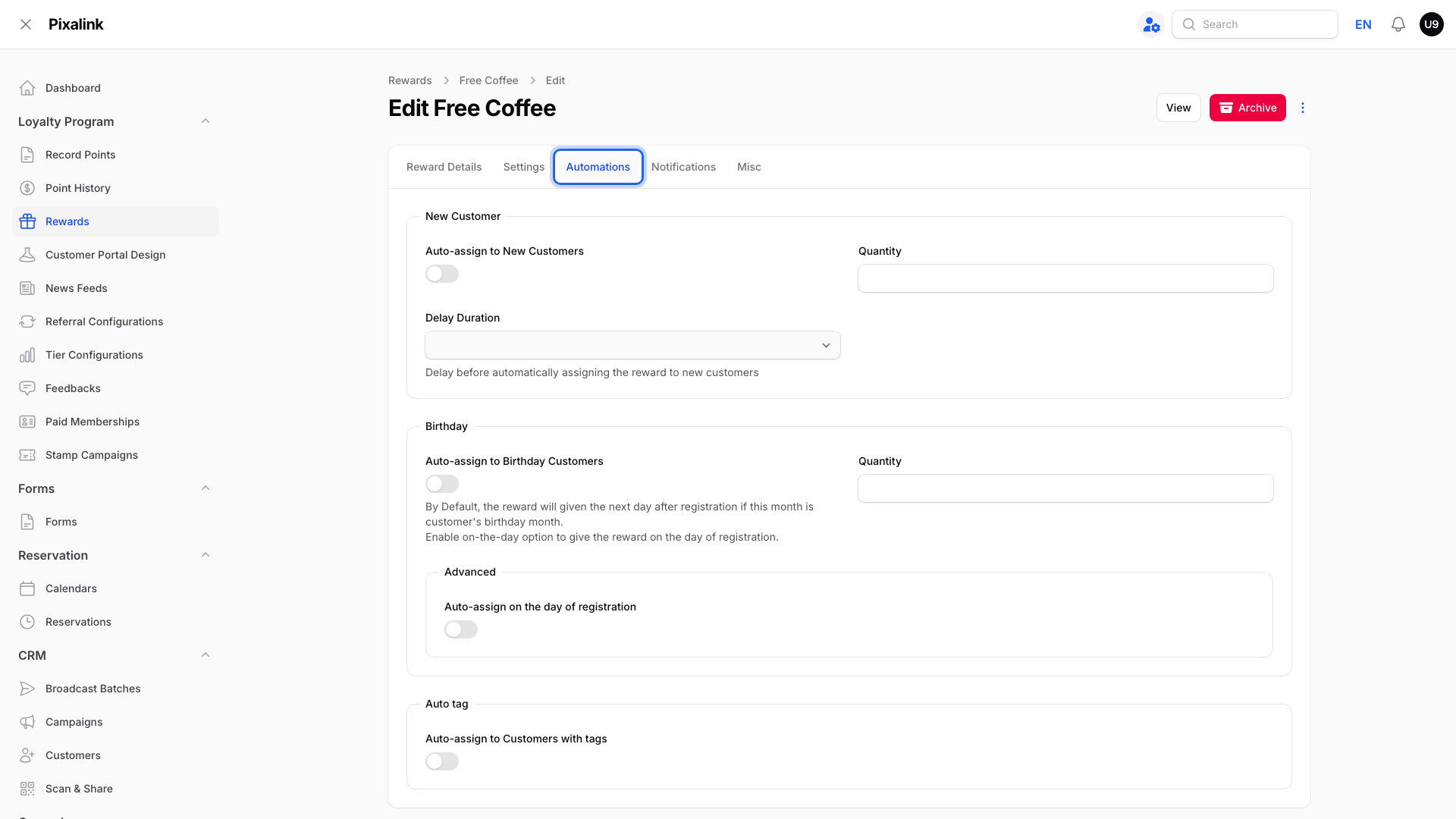 Edit reward page with the Automations tab highlighted, showing the Auto-assign to New Customers, Auto-assign to Birthday Customers and Auto-assign to Customers with tags switches