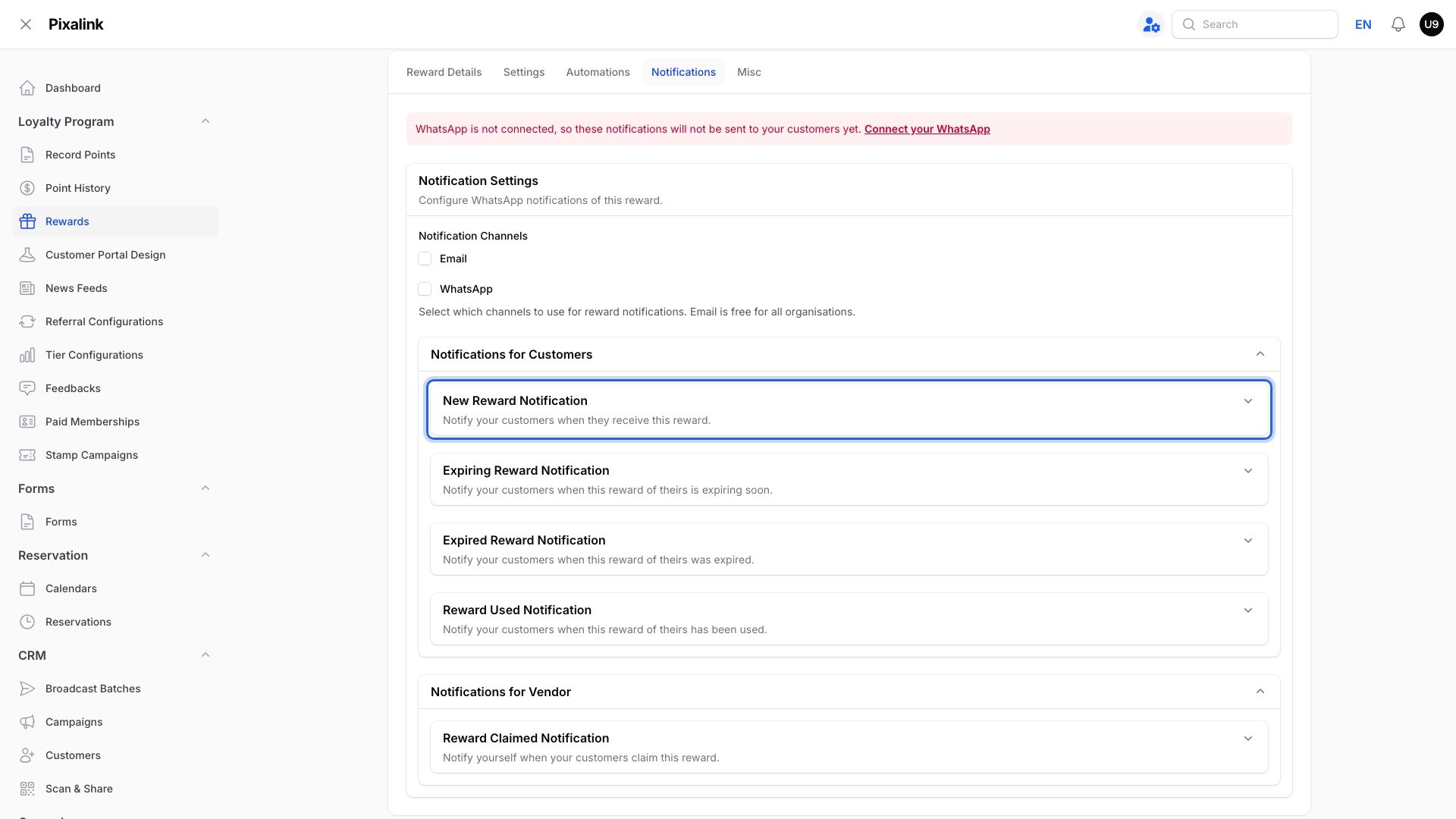 Reward Notifications tab with the New Reward Notification highlighted under Notifications for Customers, below the Email and WhatsApp channel choices