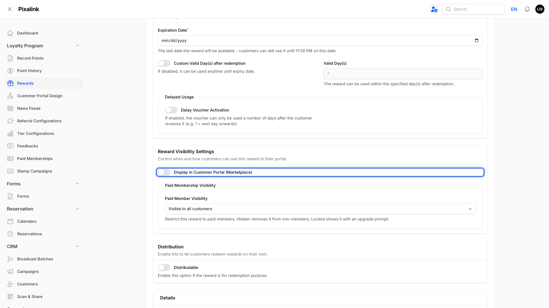 Reward Settings tab with the Display in Customer Portal (Marketplace) switch highlighted in the Reward Visibility Settings section