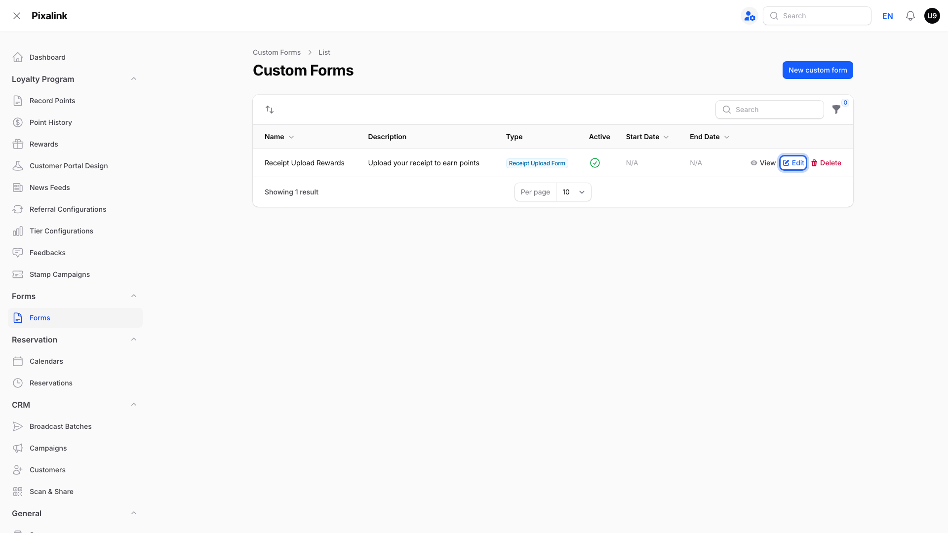 Custom Forms list with the Edit button highlighted on the Receipt Upload Rewards form