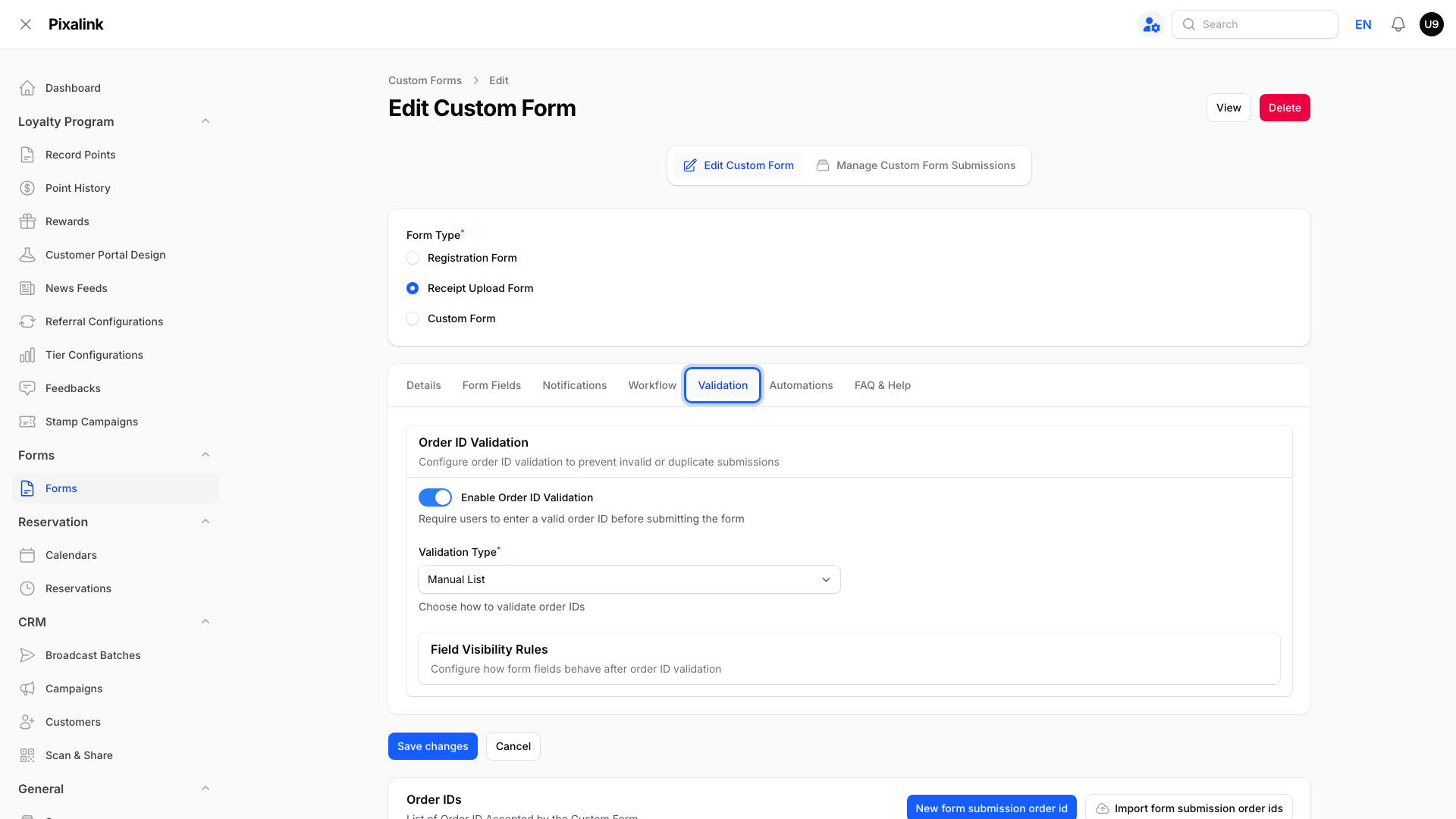 Edit Custom Form page with the Validation tab highlighted, showing Enable Order ID Validation switched on