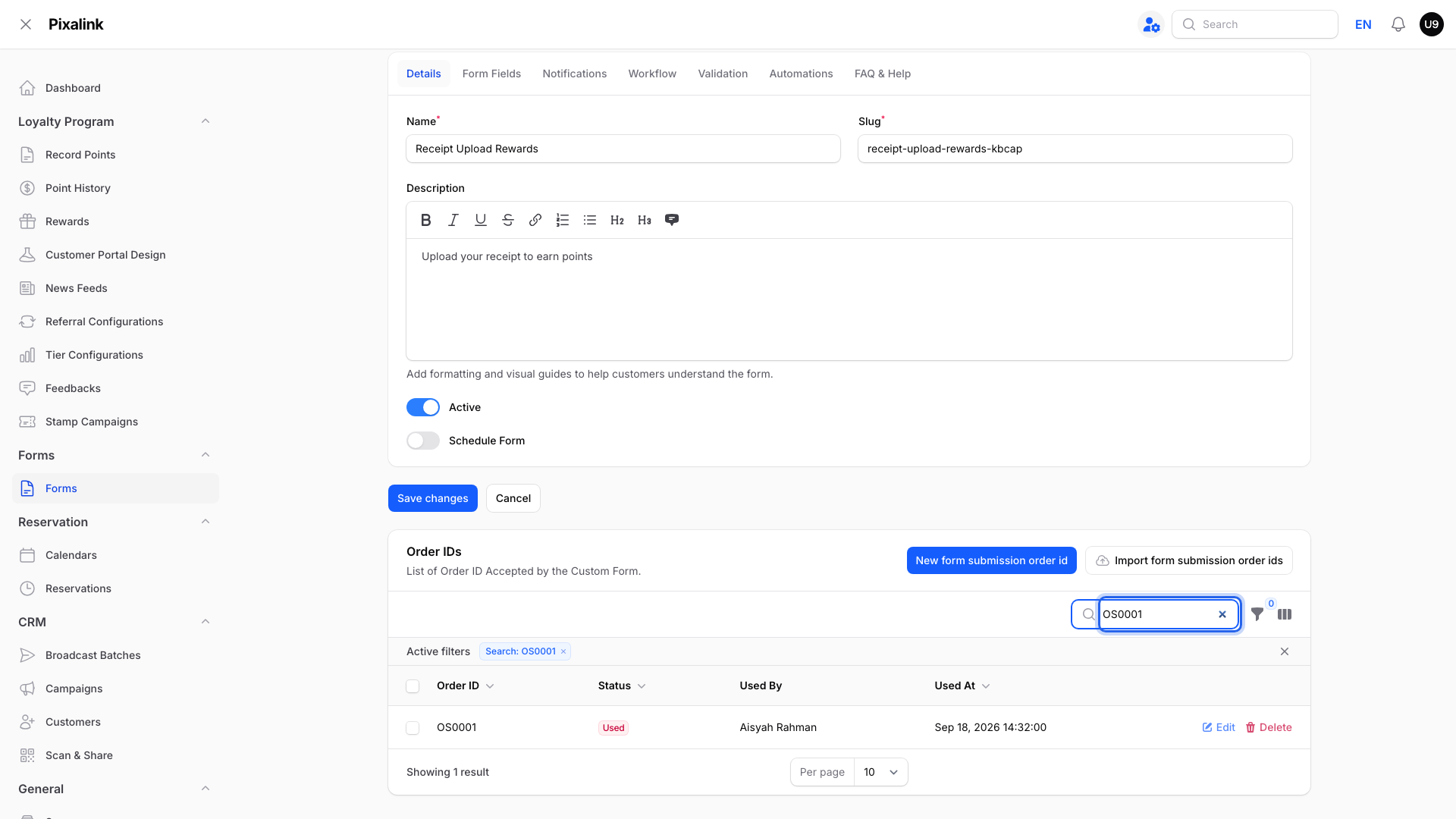 Order IDs table below the form with the search box highlighted and OS0001 typed in