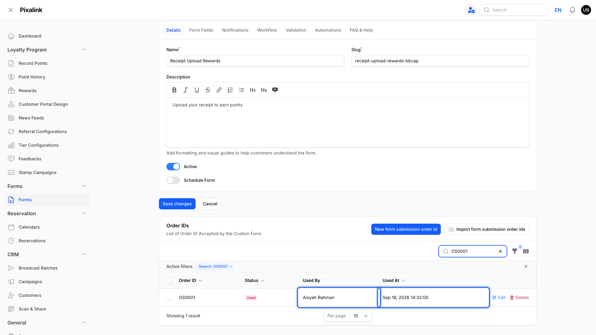 Order IDs search result for OS0001 with the Used By customer name and Used At date highlighted