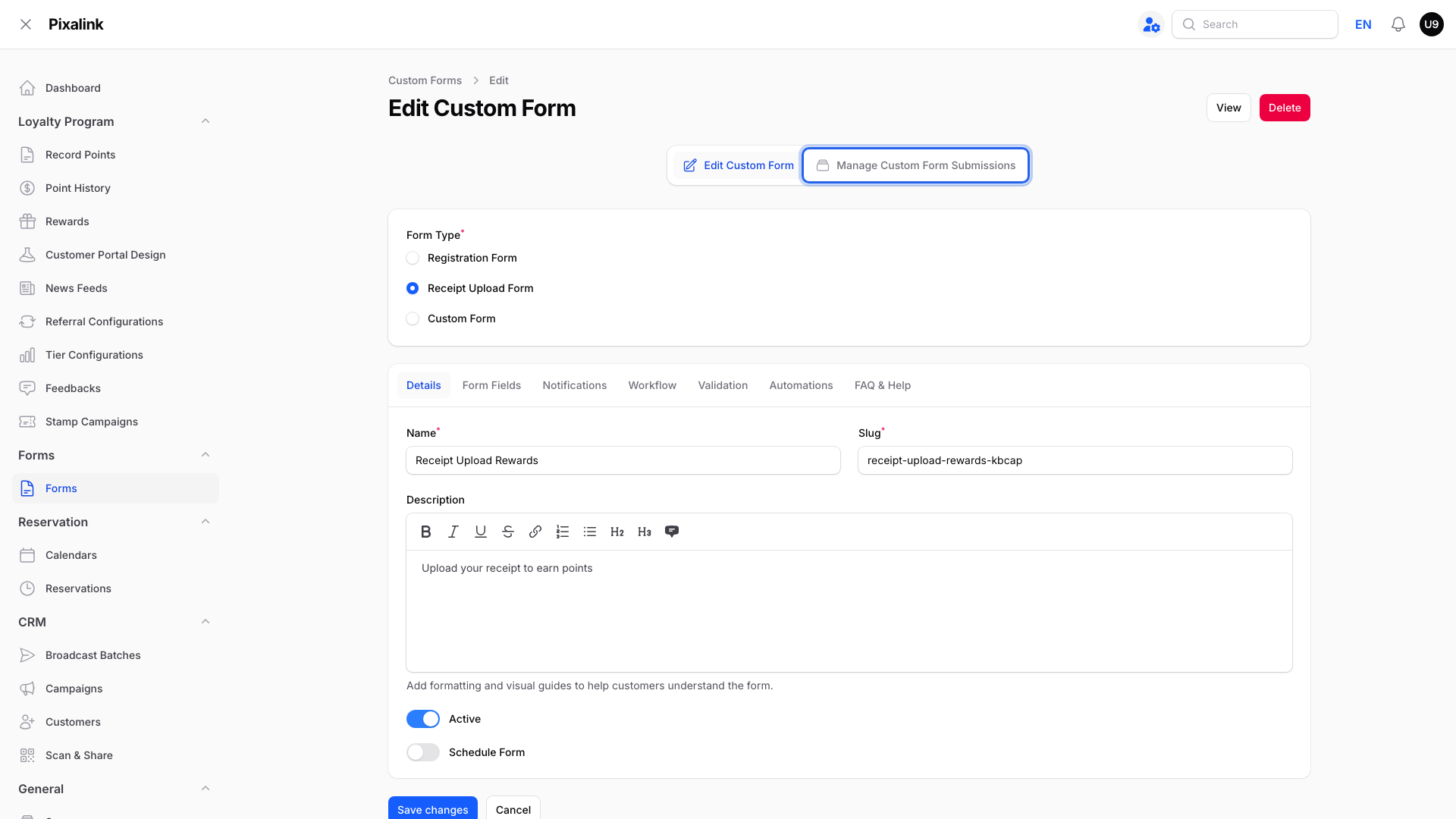 Edit Custom Form page with the Manage Custom Form Submissions tab highlighted at the top