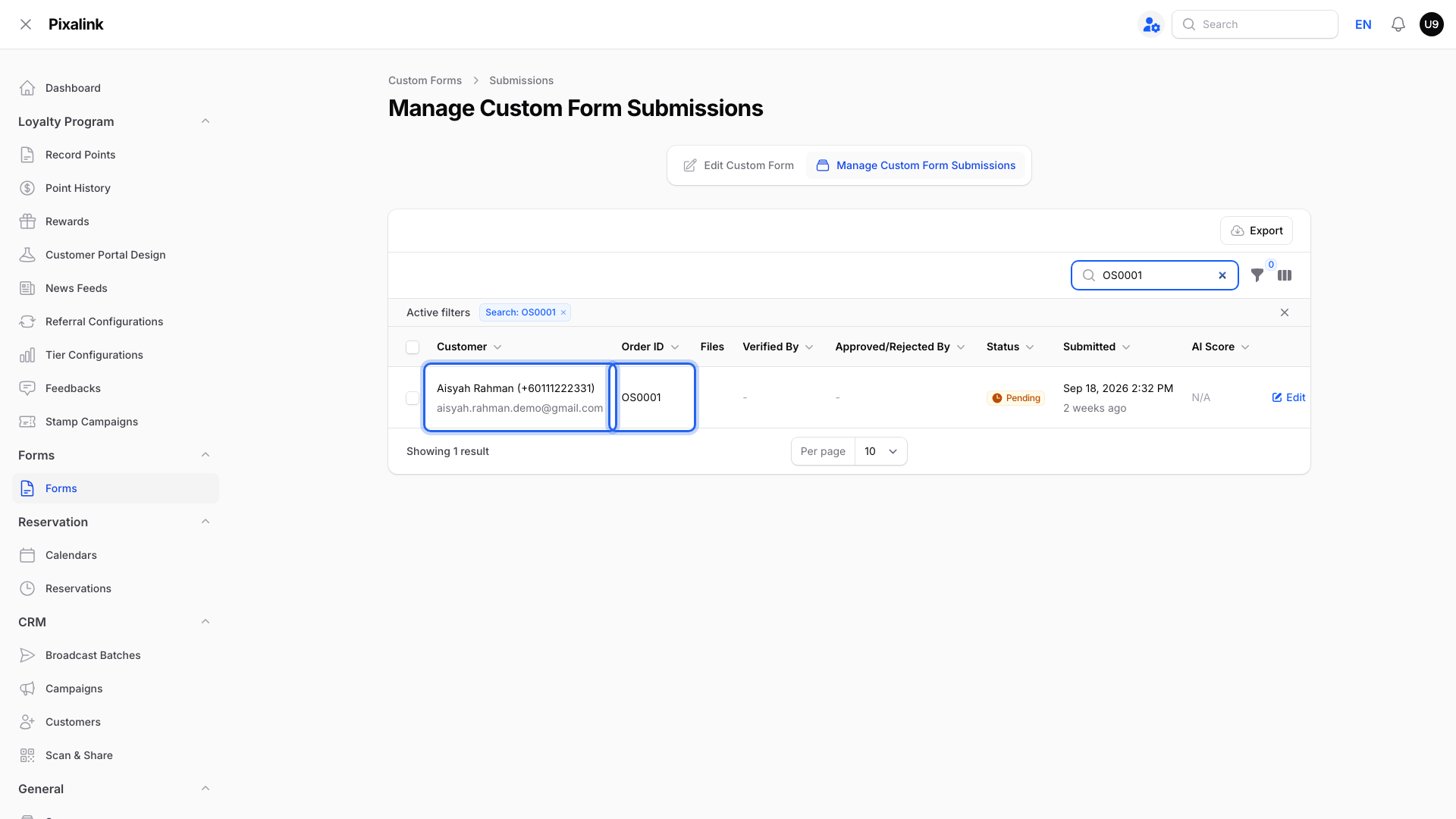 Manage Custom Form Submissions searched for OS0001, with the Customer name, phone, email and Order ID highlighted