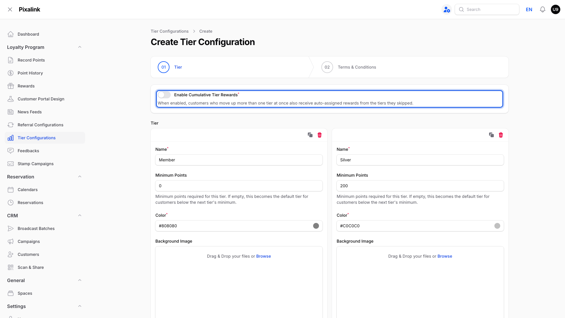 Tier configuration form with the Enable Cumulative Tier Rewards switch highlighted, still off