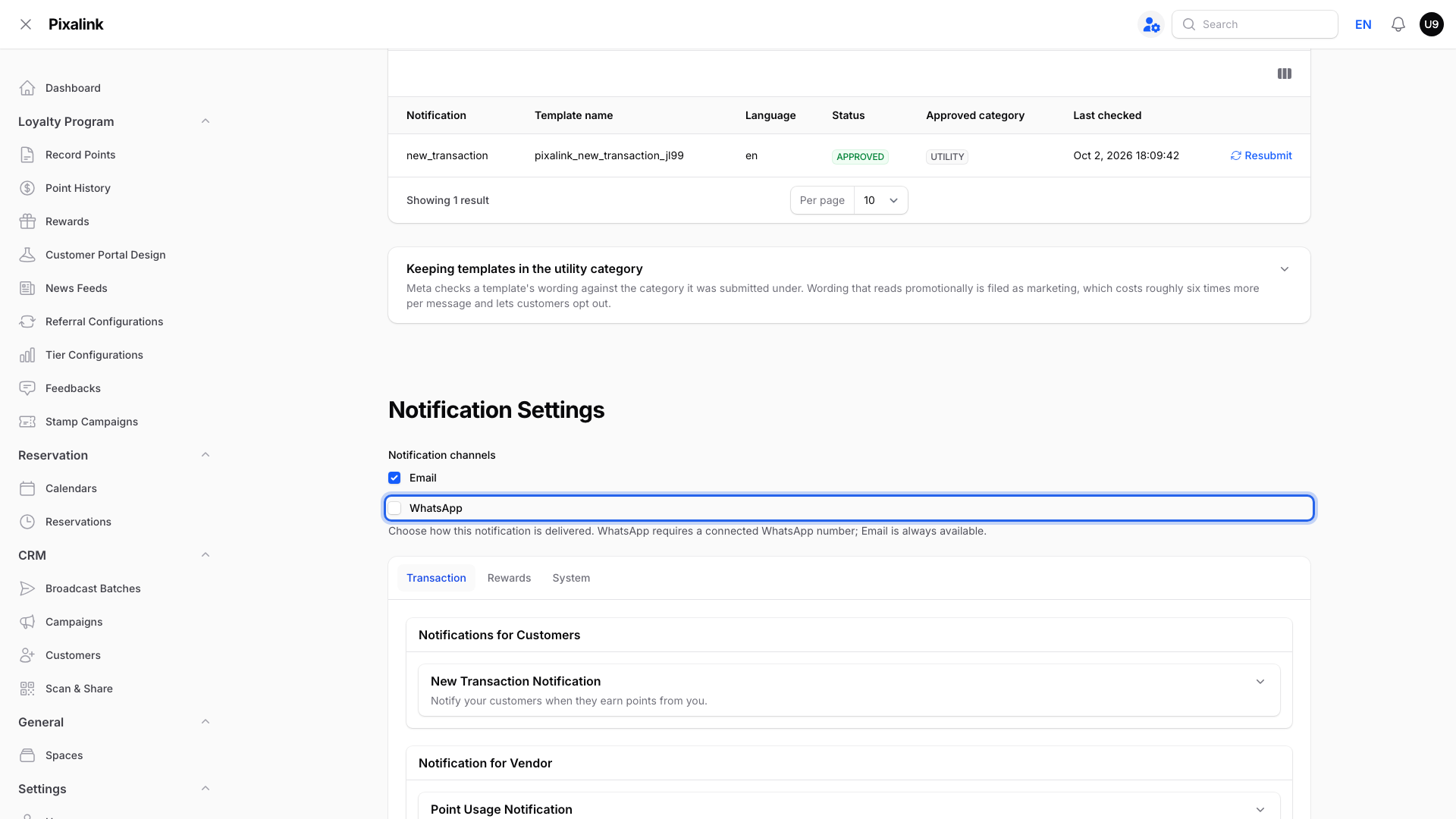 Notification Settings on the Configurations page with the WhatsApp tickbox under Notification channels highlighted, still unticked