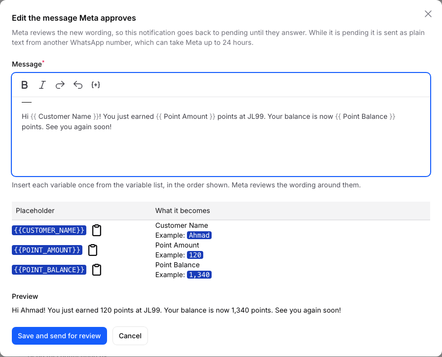 Edit the message Meta approves window with bold and italic buttons, the message using Customer Name, Point Amount and Point Balance, the placeholder table, a Preview and the Save and send for review button