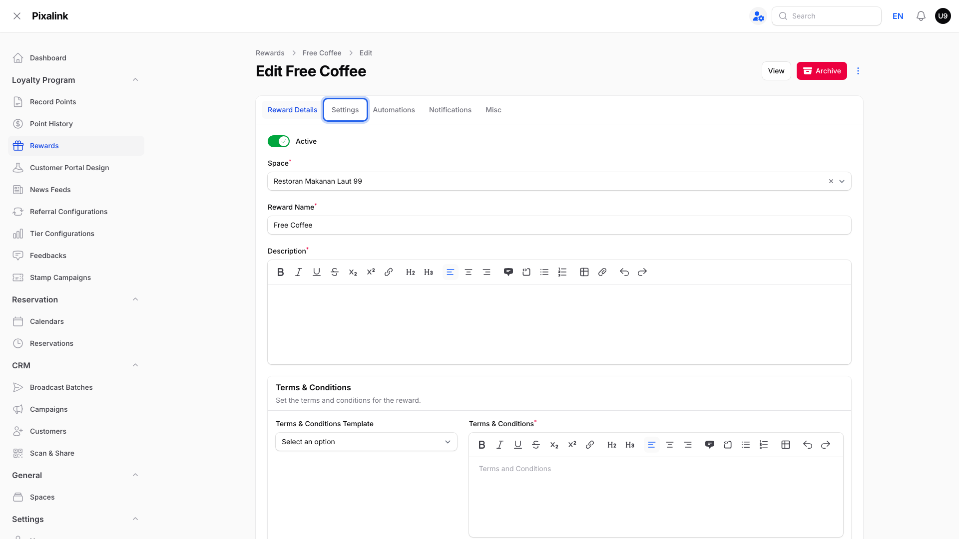 Edit reward page with the Settings tab highlighted next to Reward Details